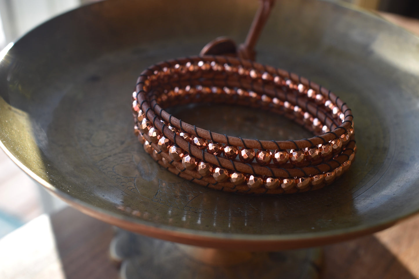 Copper/Rose Gold Tone Faceted Hematite Wrap Bracelet // Leather Bracelet // Beaded Bracelet