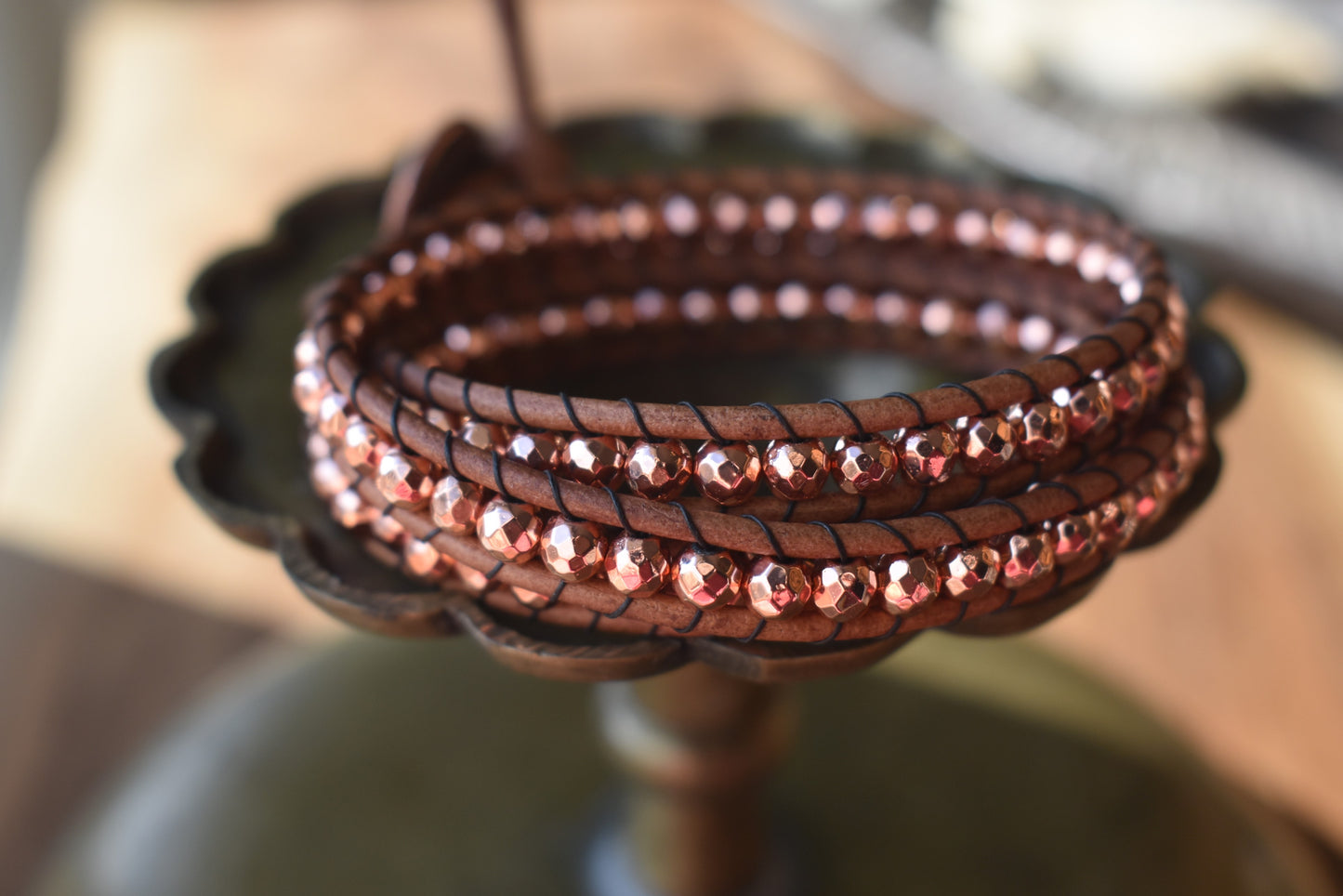 Copper/Rose Gold Tone Faceted Hematite Wrap Bracelet // Leather Bracelet // Beaded Bracelet