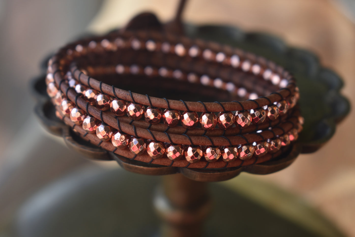 Copper/Rose Gold Tone Faceted Hematite Wrap Bracelet // Leather Bracelet // Beaded Bracelet