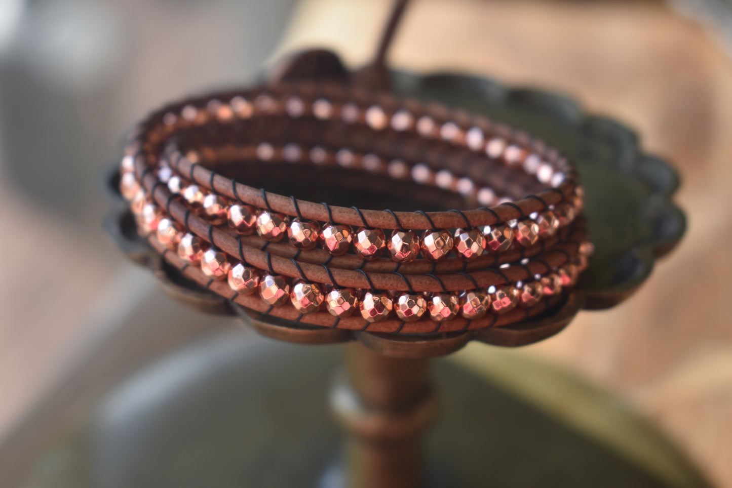 Copper/Rose Gold Tone Faceted Hematite Wrap Bracelet // Leather Bracelet // Beaded Bracelet