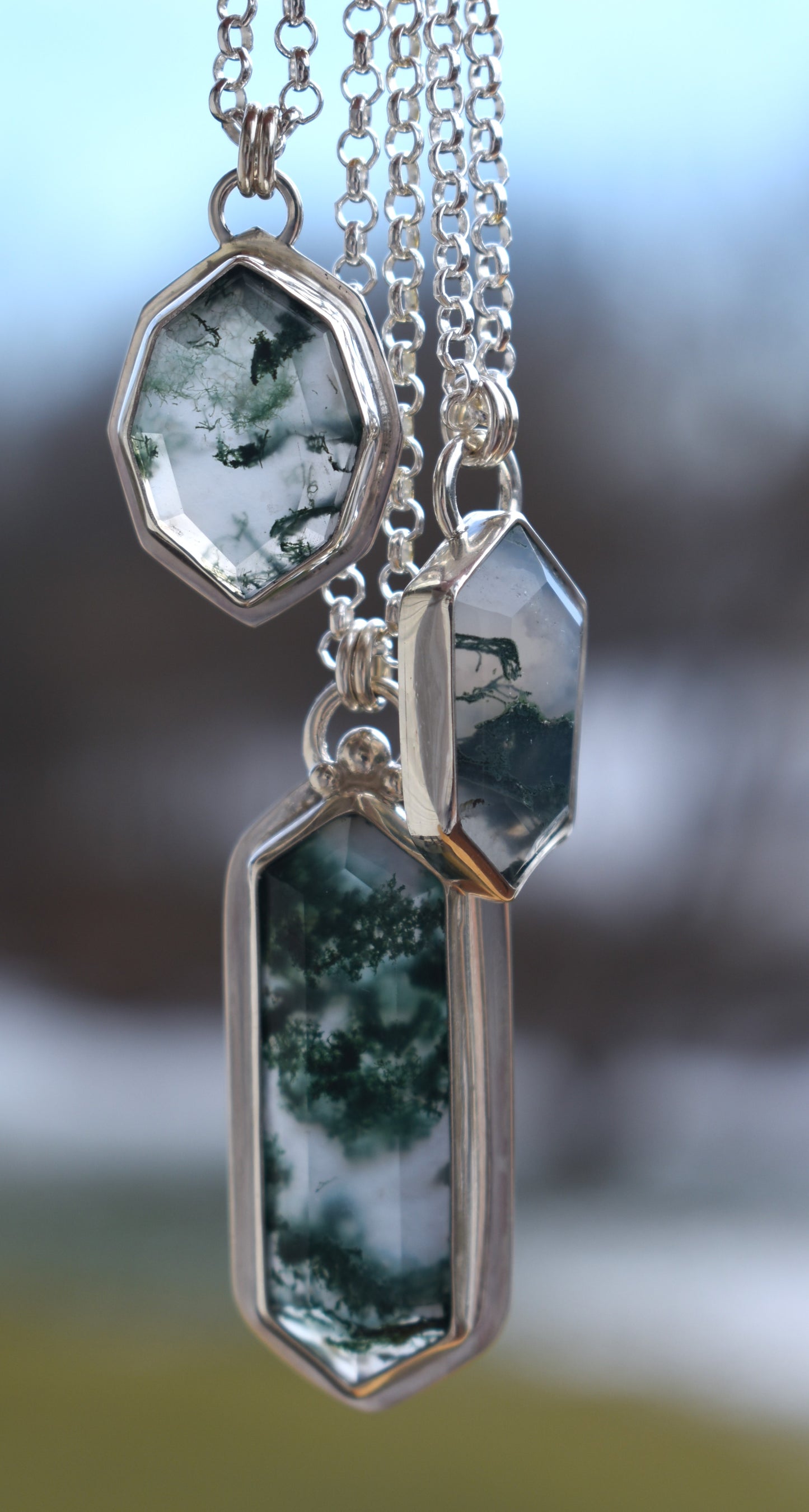 Stepped Hexagon Elongated Moss Agate Necklace