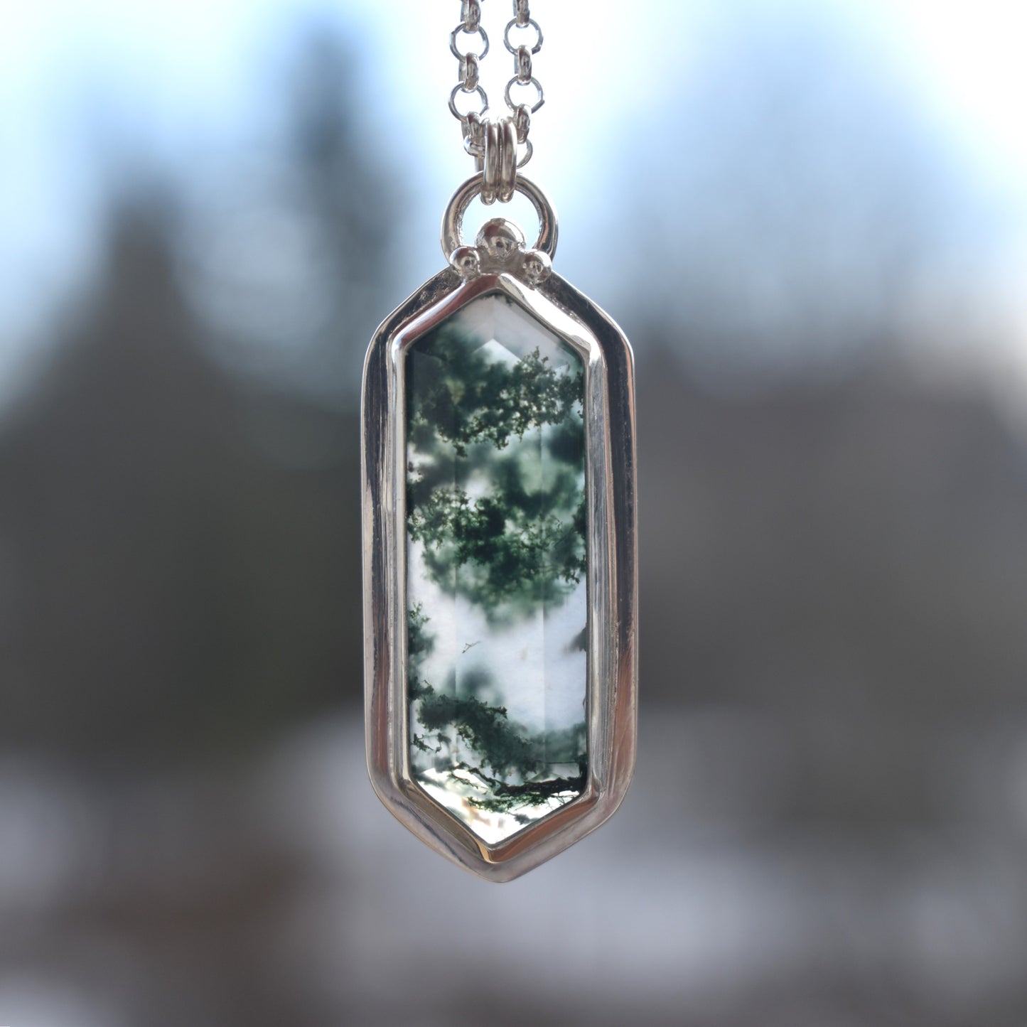 Stepped Hexagon Elongated Moss Agate Necklace