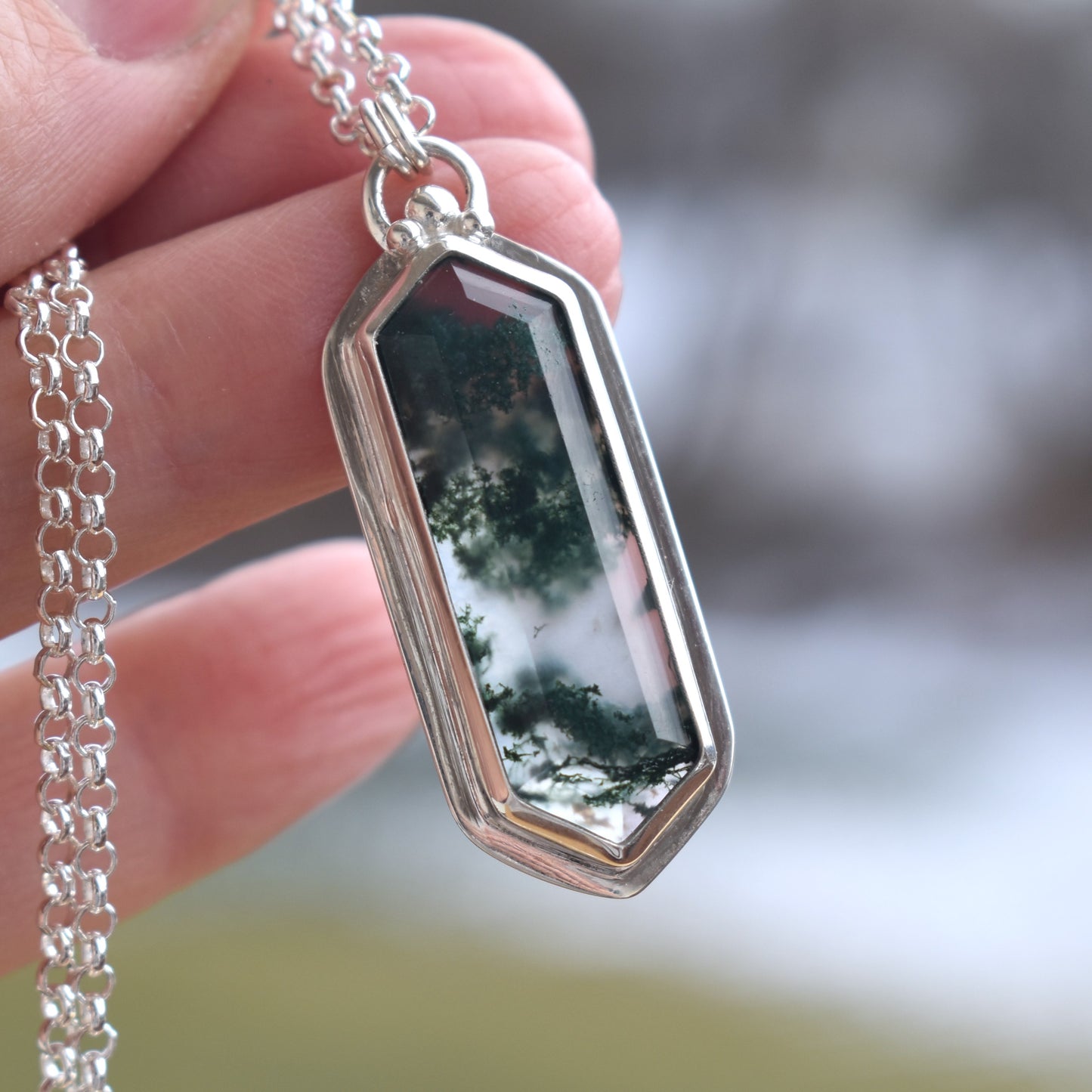Stepped Hexagon Elongated Moss Agate Necklace