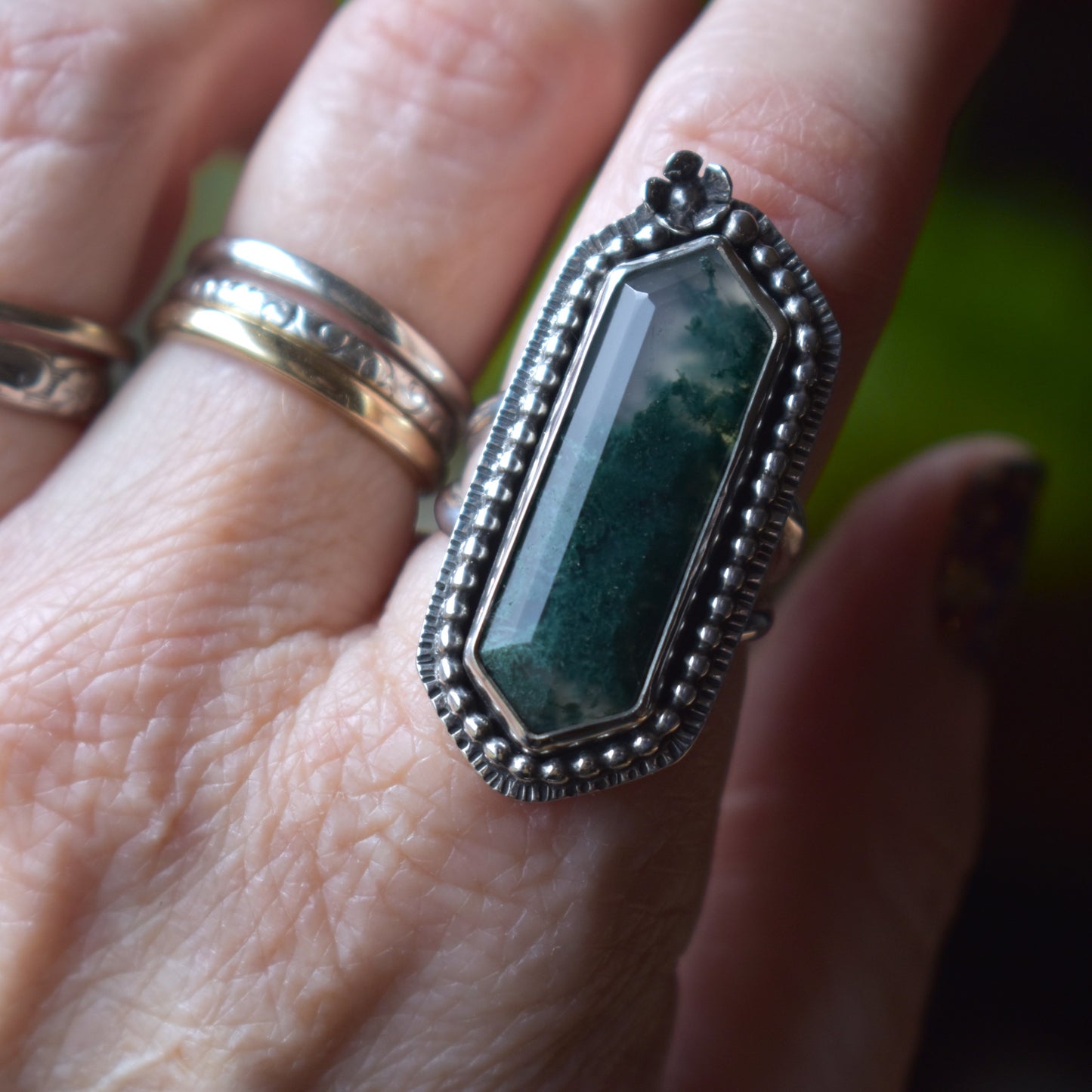 Moss Agate Garden Ring - size 8.5