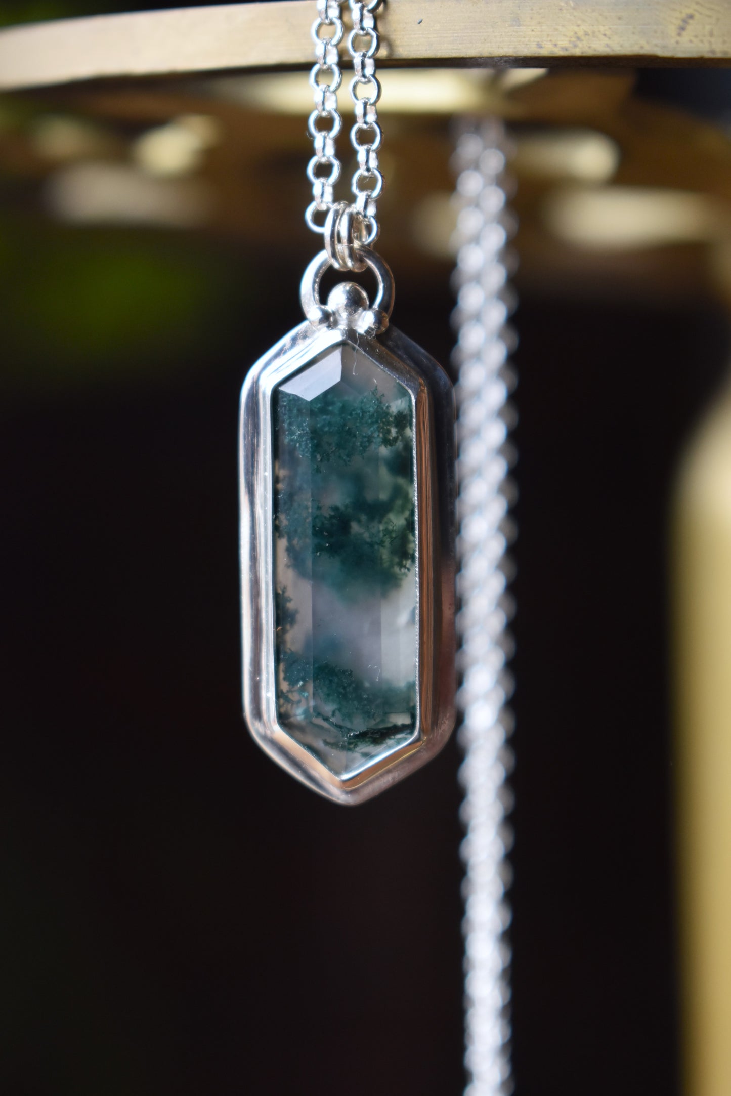 Stepped Hexagon Elongated Moss Agate Necklace