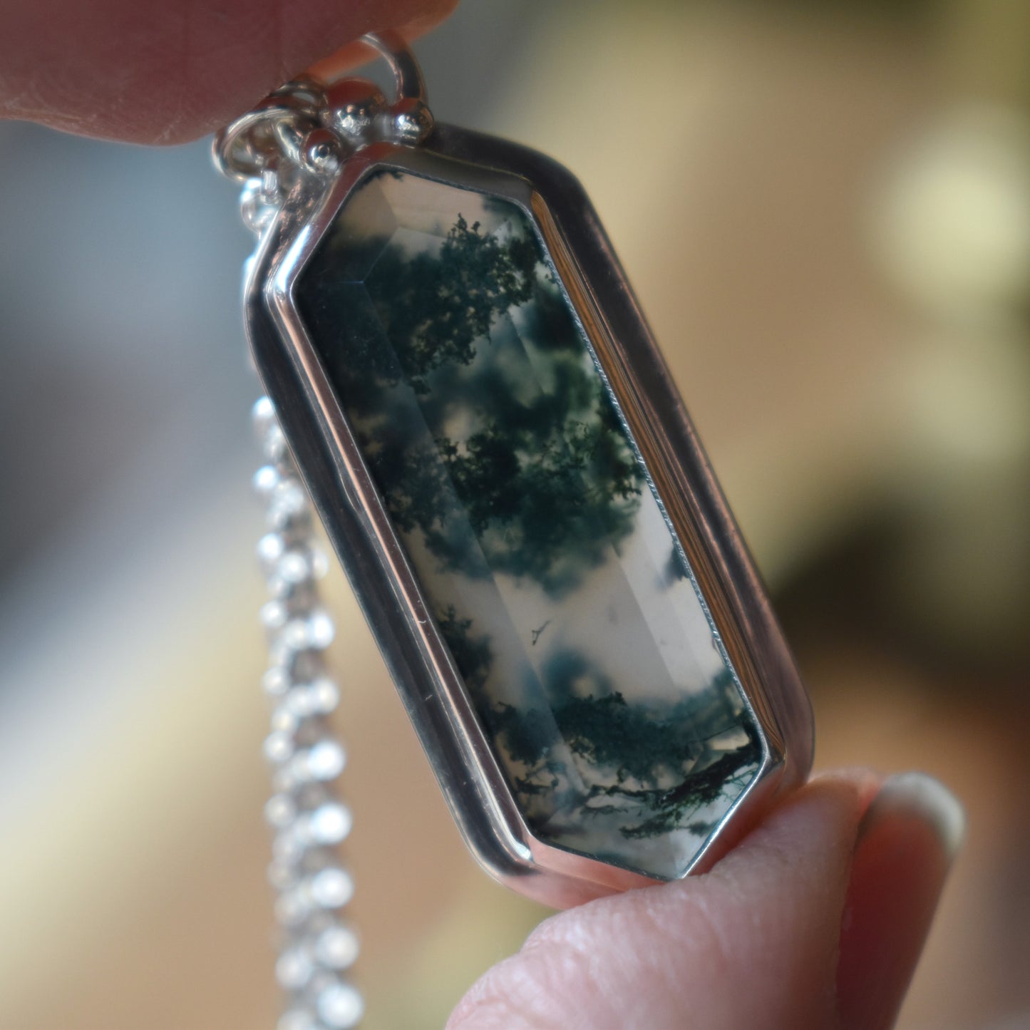 Stepped Hexagon Elongated Moss Agate Necklace