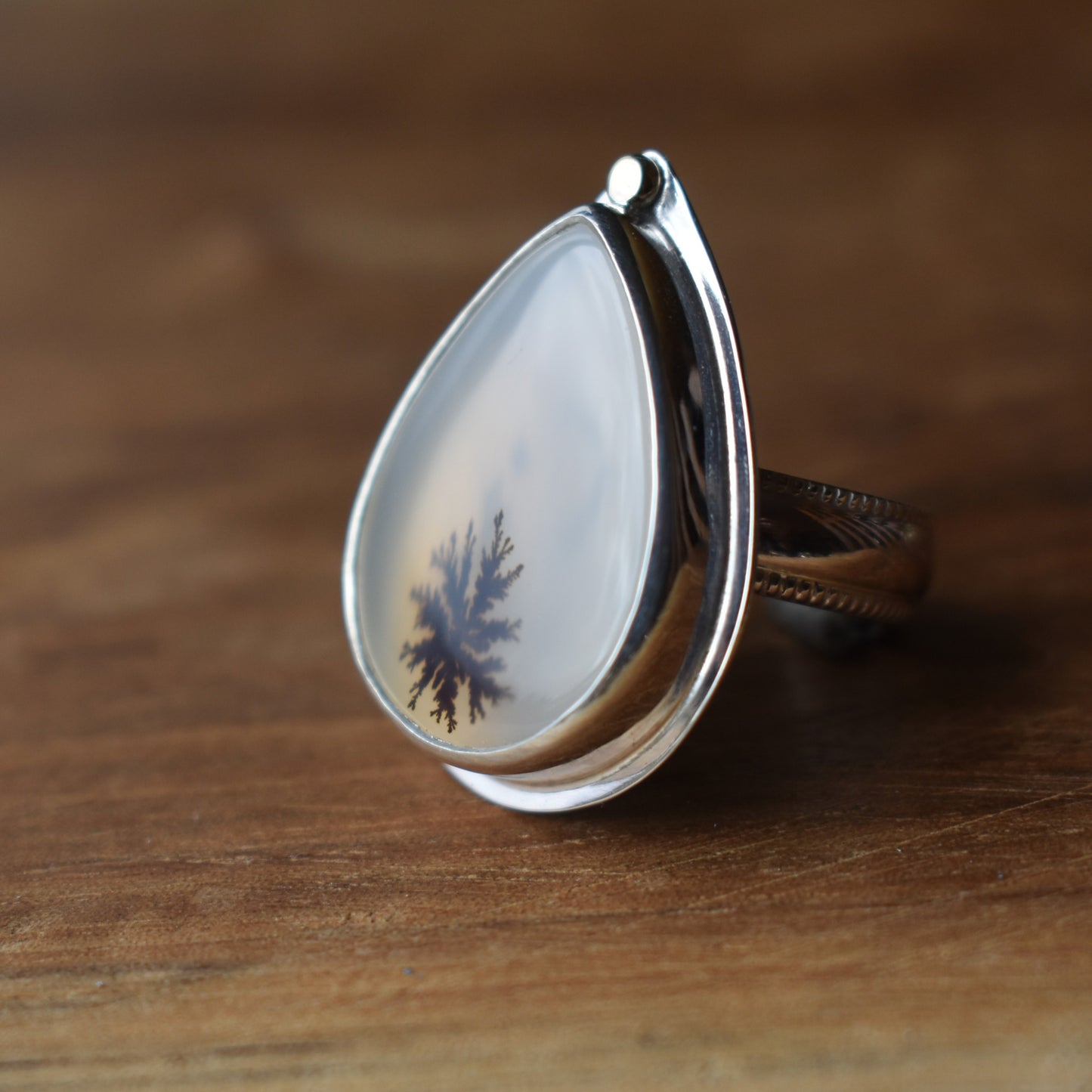 Dendritic Agate Ring - Large Teardrop - size 7.5