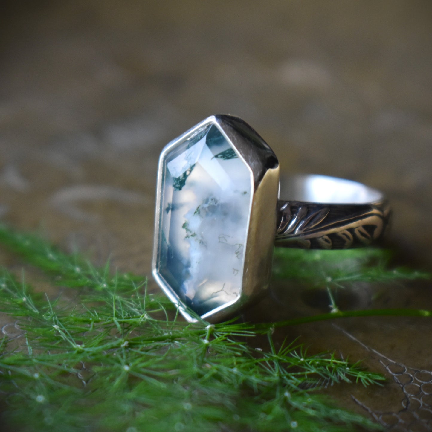 Hexagon Rings *Moonstone/Moss Agate* - Sizes 6, 8 & 7.5