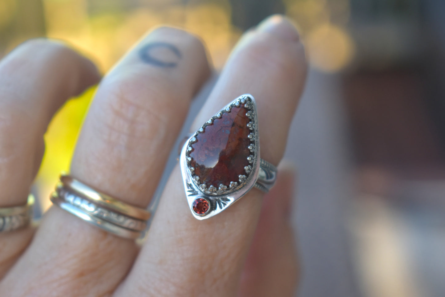 Brenda Plume Agate and Garnet Ring, Size 7