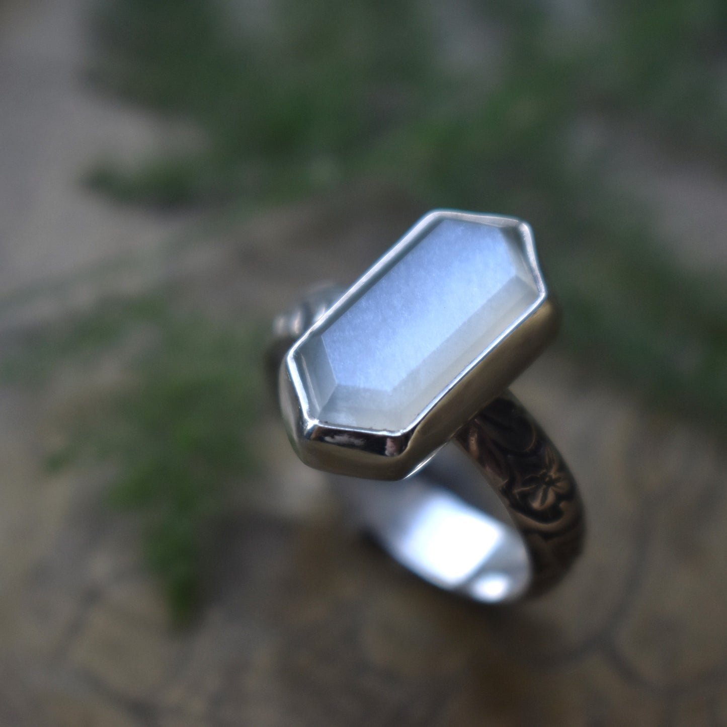 Hexagon Rings *Moonstone/Moss Agate* - Sizes 6, 8 & 7.5