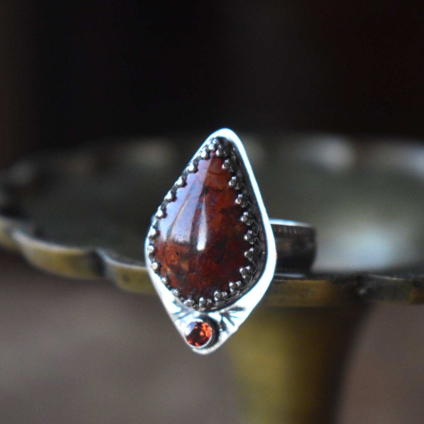 Brenda Plume Agate and Garnet Ring, Size 7