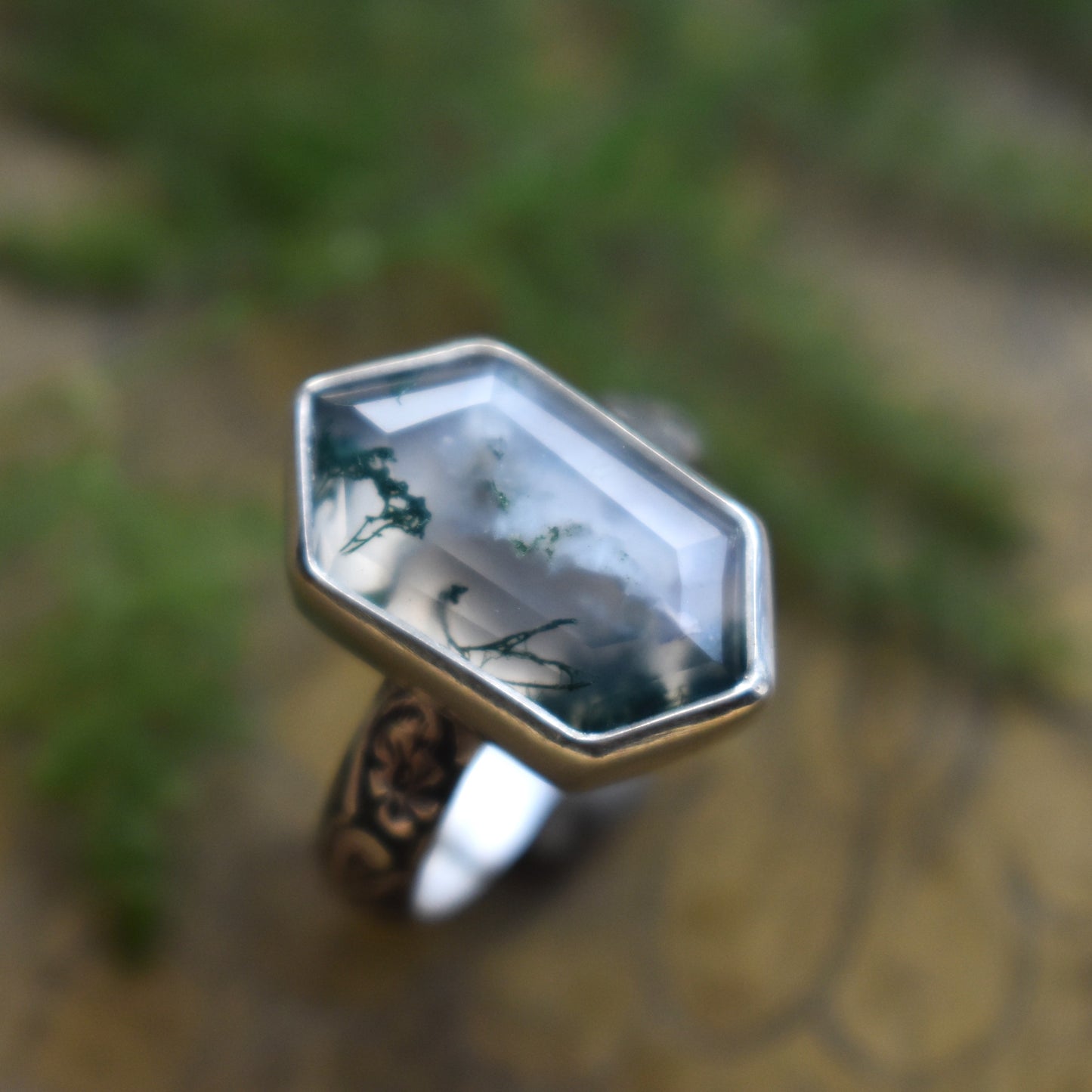 Hexagon Rings *Moonstone/Moss Agate* - Sizes 6, 8 & 7.5
