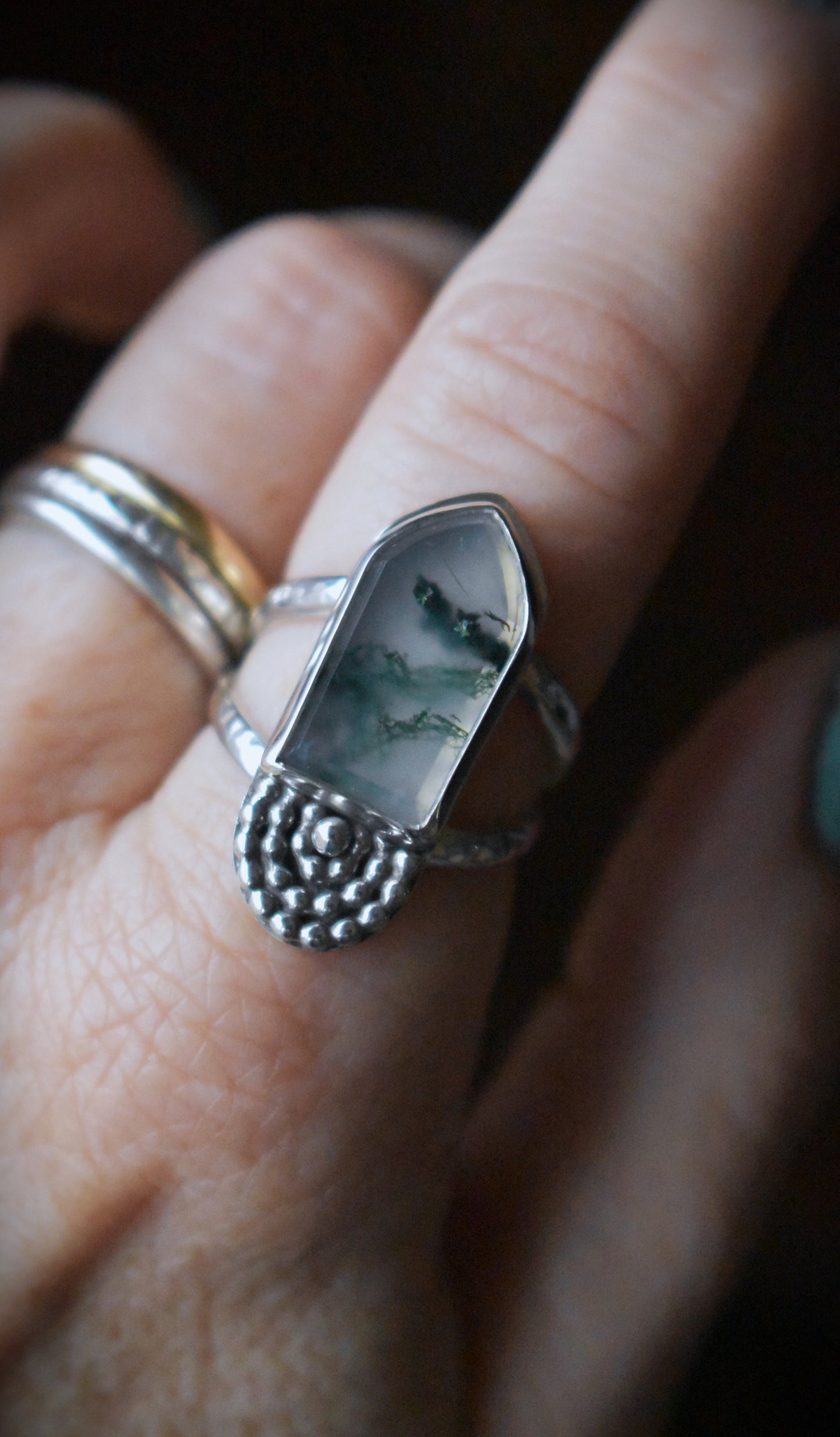Moss Agate Stepped Cathedral Ring - size 8.5