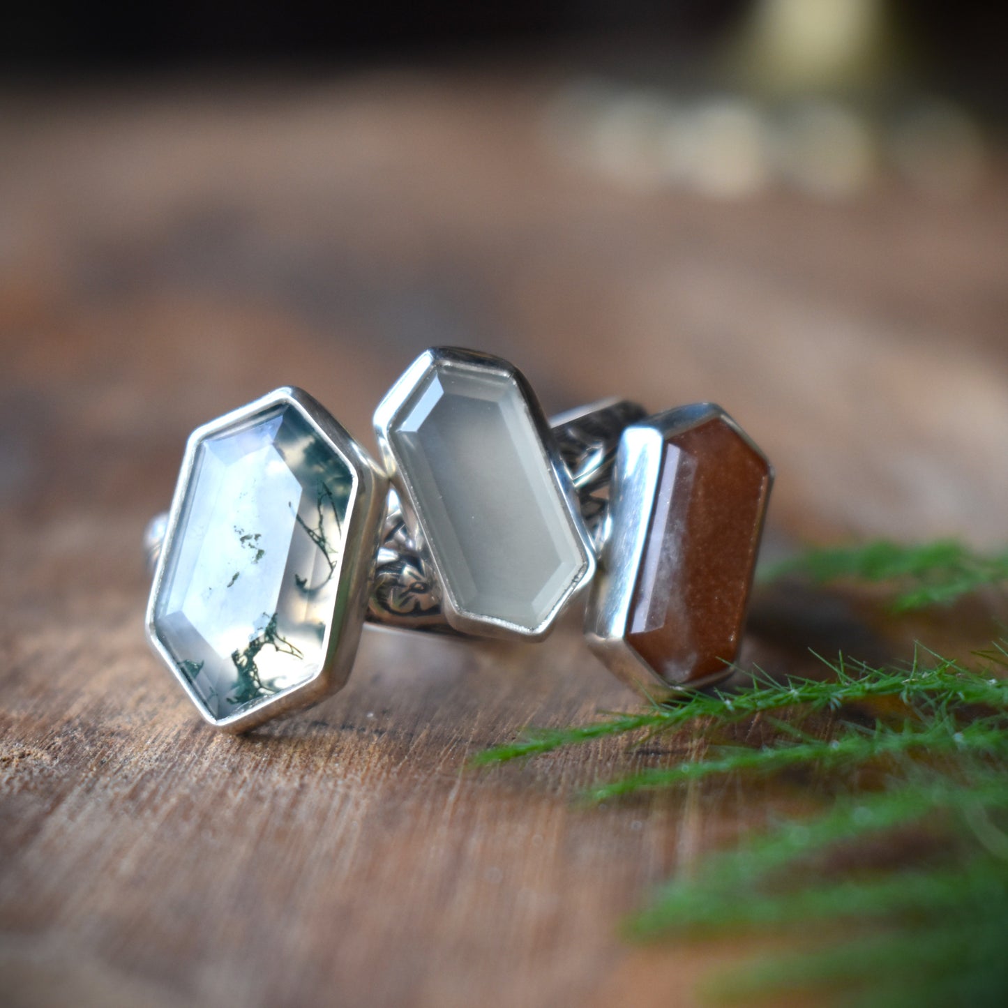 Hexagon Rings *Moonstone/Moss Agate* - Sizes 6, 8 & 7.5