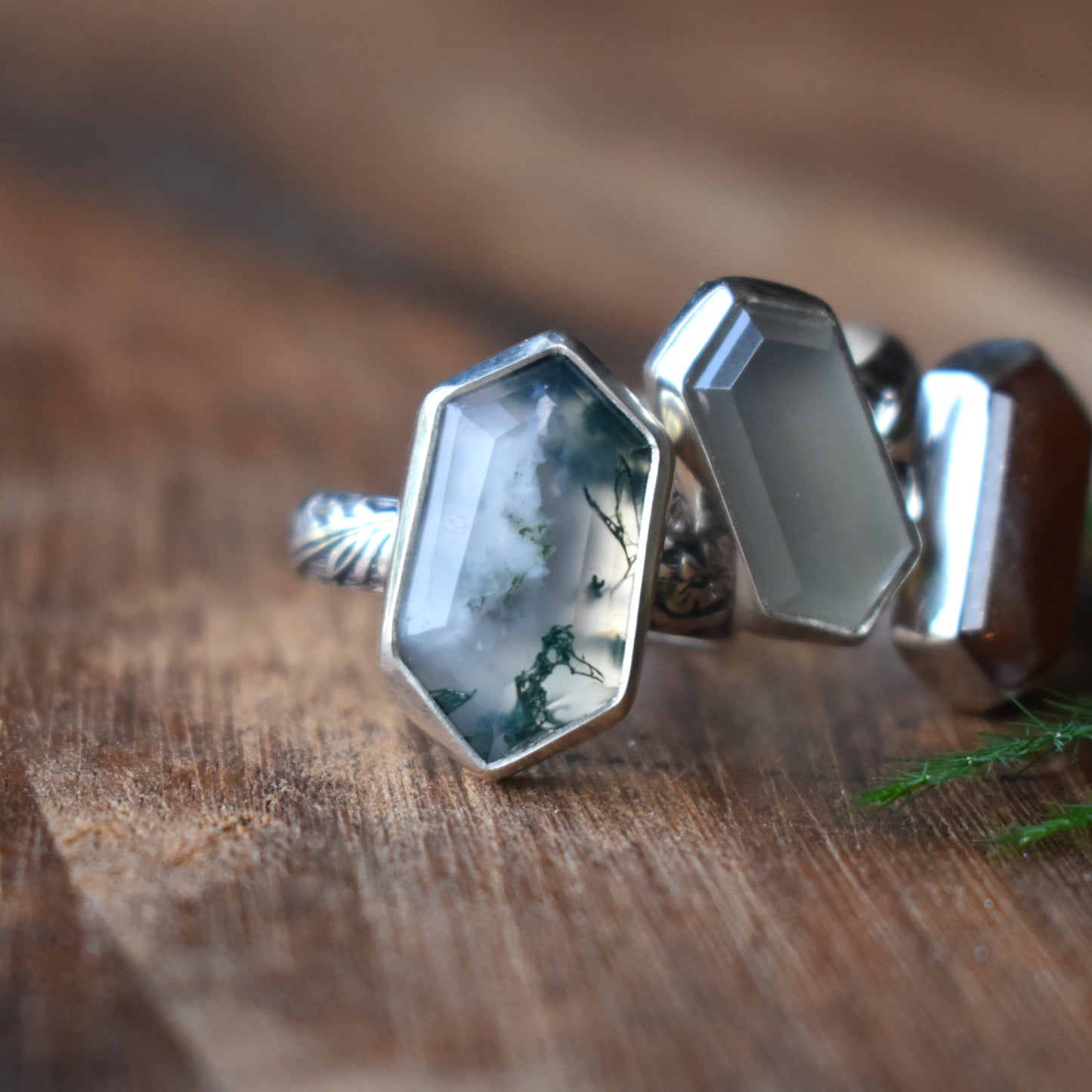 Hexagon Rings *Moonstone/Moss Agate* - Sizes 6, 8 & 7.5