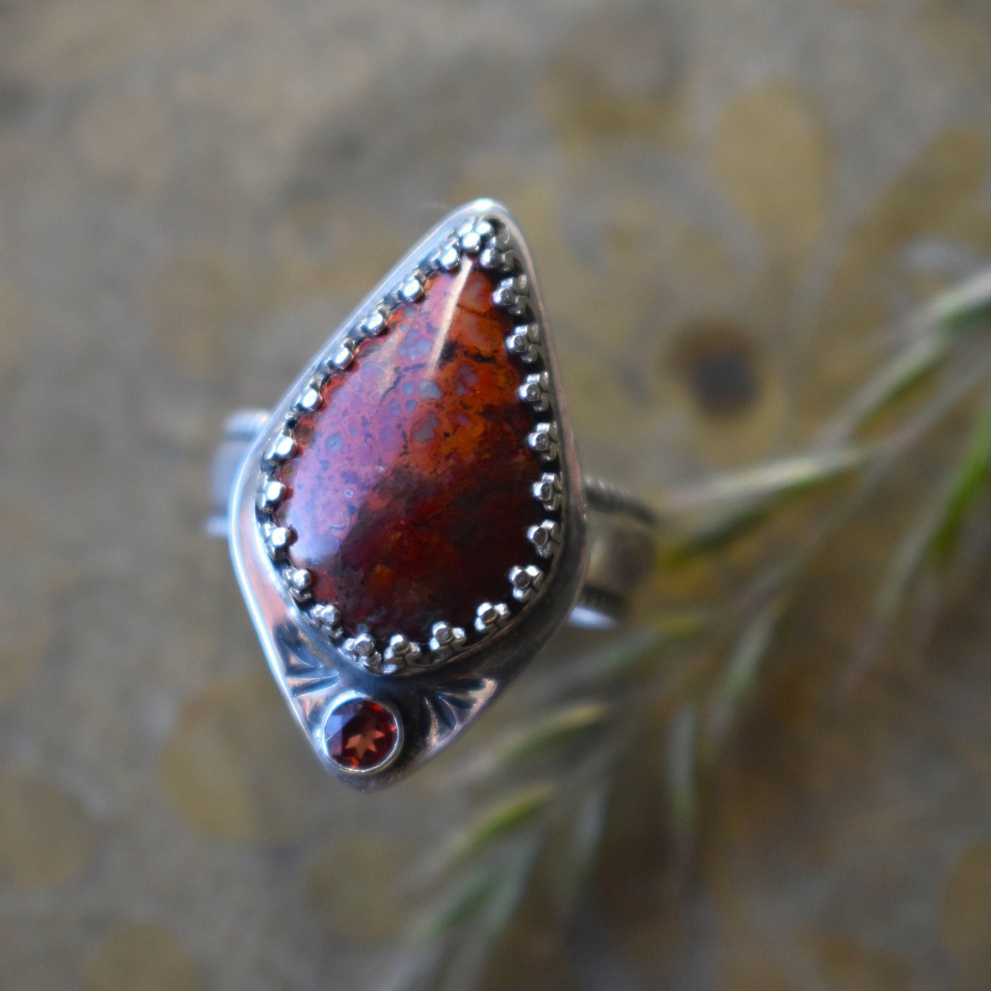Brenda Plume Agate and Garnet Ring, Size 7