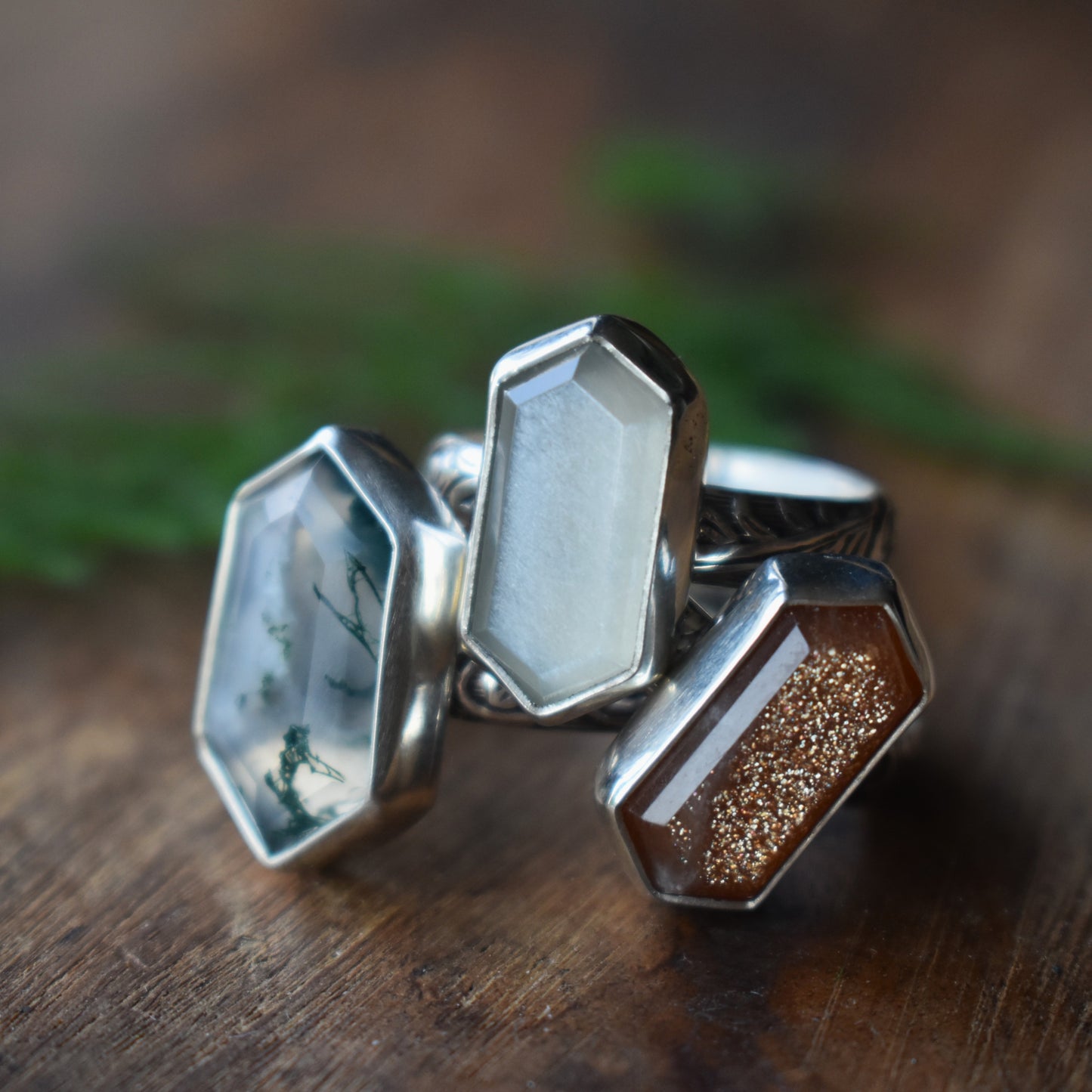 Hexagon Rings *Moonstone/Moss Agate* - Sizes 6, 8 & 7.5