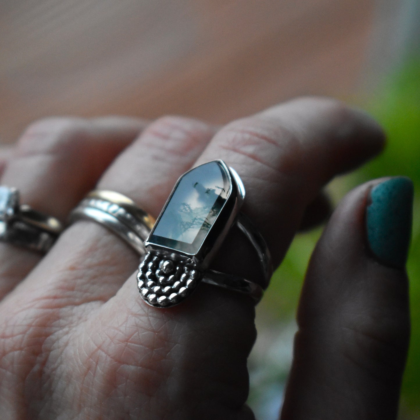 Moss Agate Stepped Cathedral Ring - size 8.5