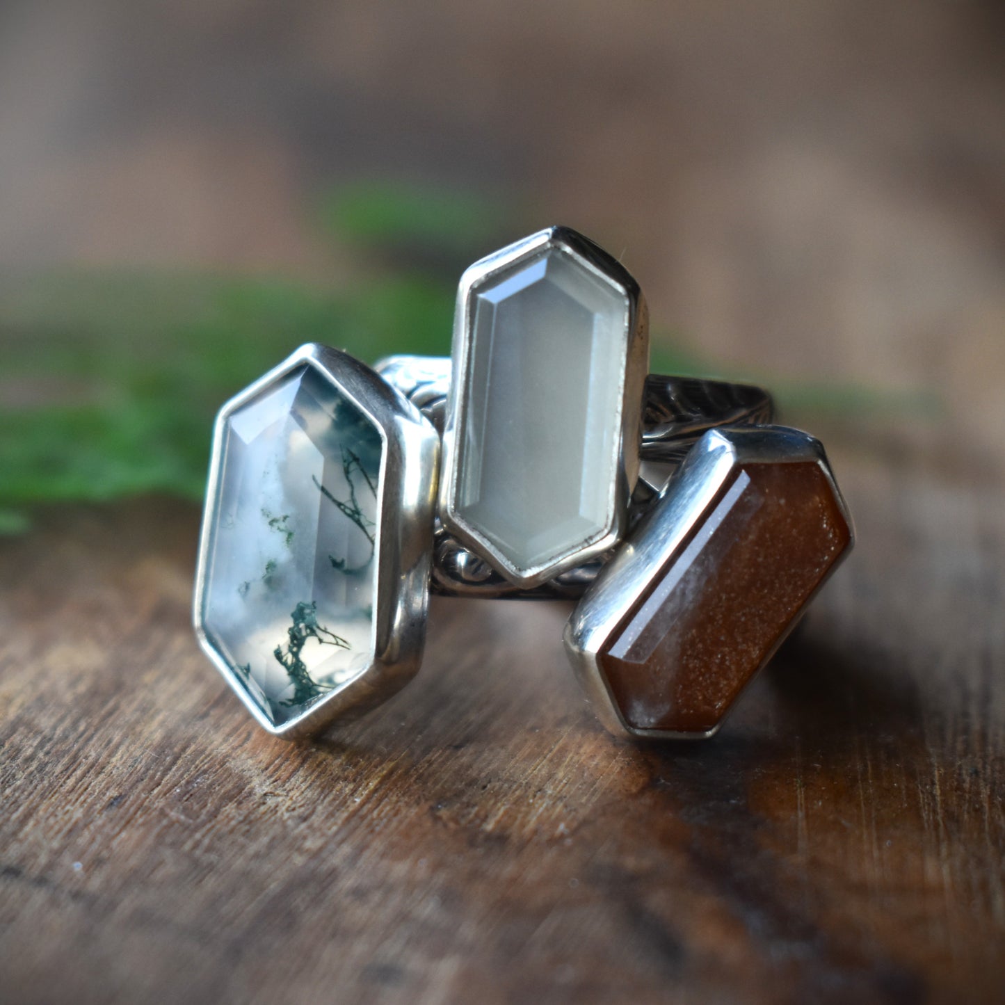 Hexagon Rings *Moonstone/Moss Agate* - Sizes 6, 8 & 7.5