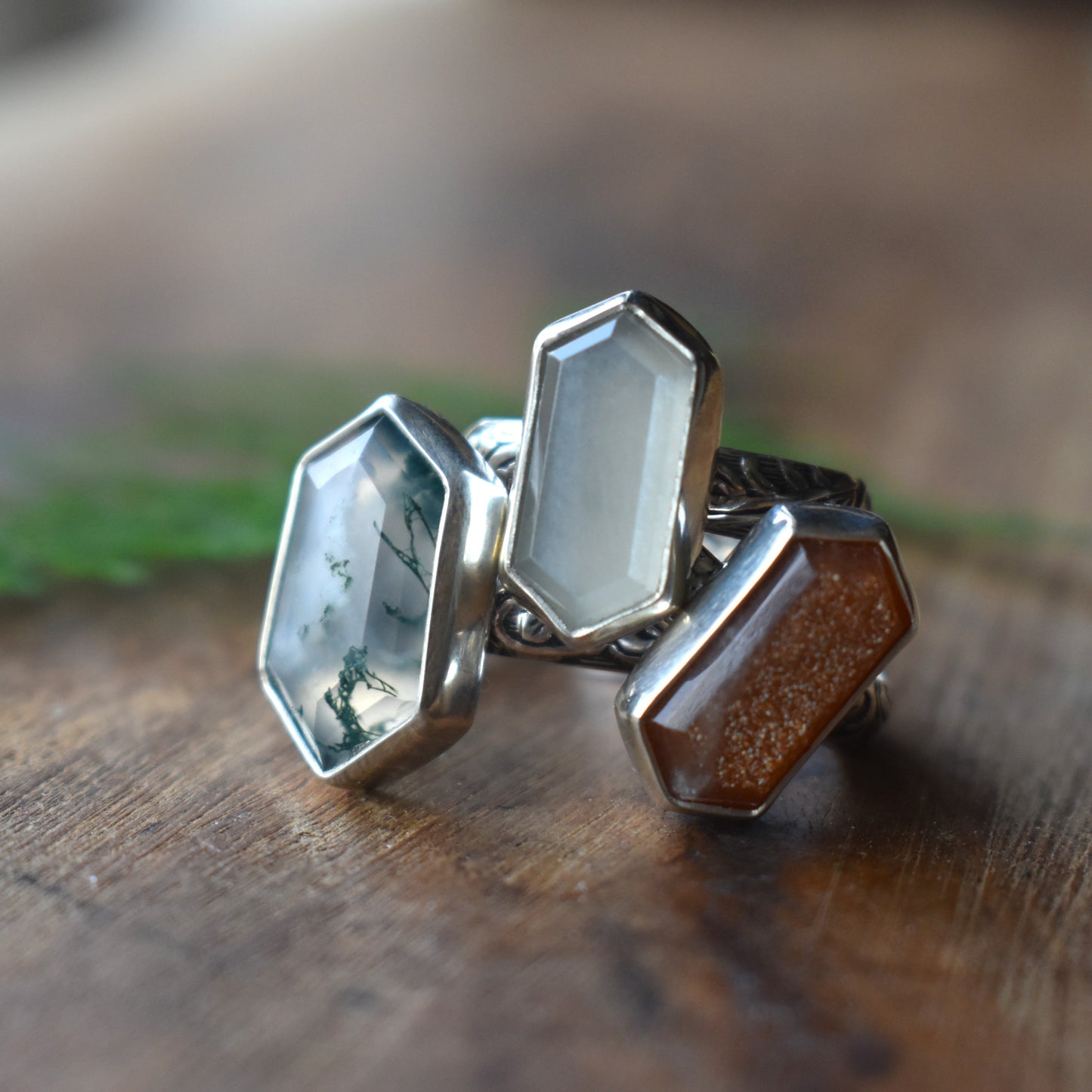 Hexagon Rings *Moonstone/Moss Agate* - Sizes 6, 8 & 7.5