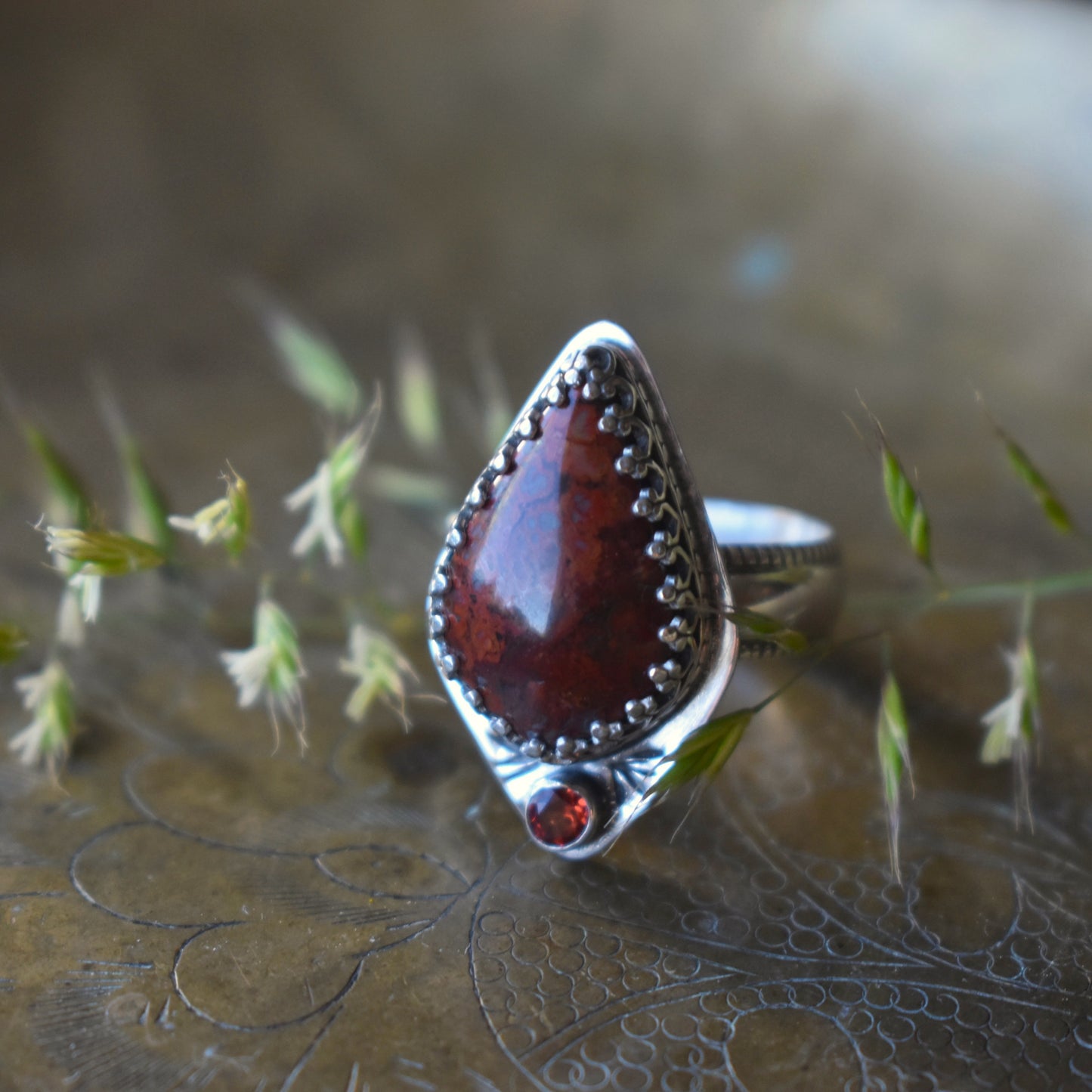 Brenda Plume Agate and Garnet Ring, Size 7