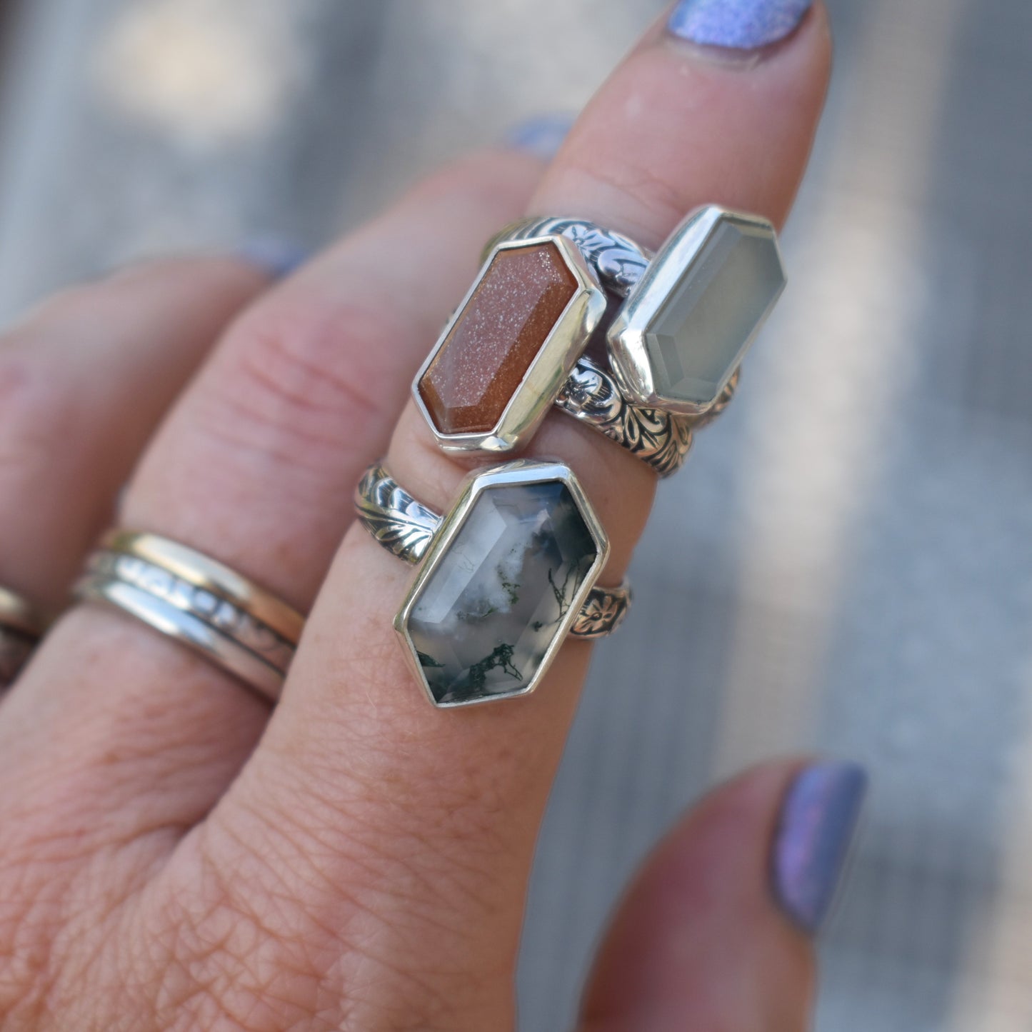 Hexagon Rings *Moonstone/Moss Agate* - Sizes 6, 8 & 7.5