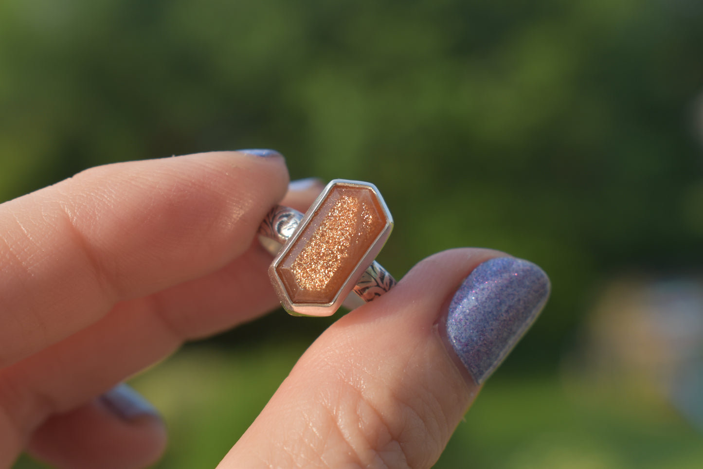 Hexagon Rings *Moonstone/Moss Agate* - Sizes 6, 8 & 7.5