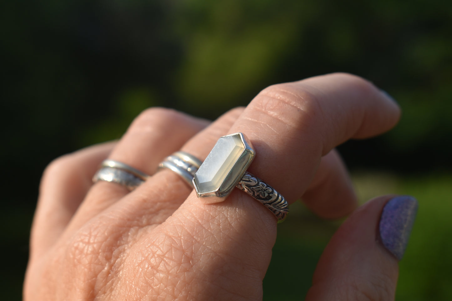 Hexagon Rings *Moonstone/Moss Agate* - Sizes 6, 8 & 7.5