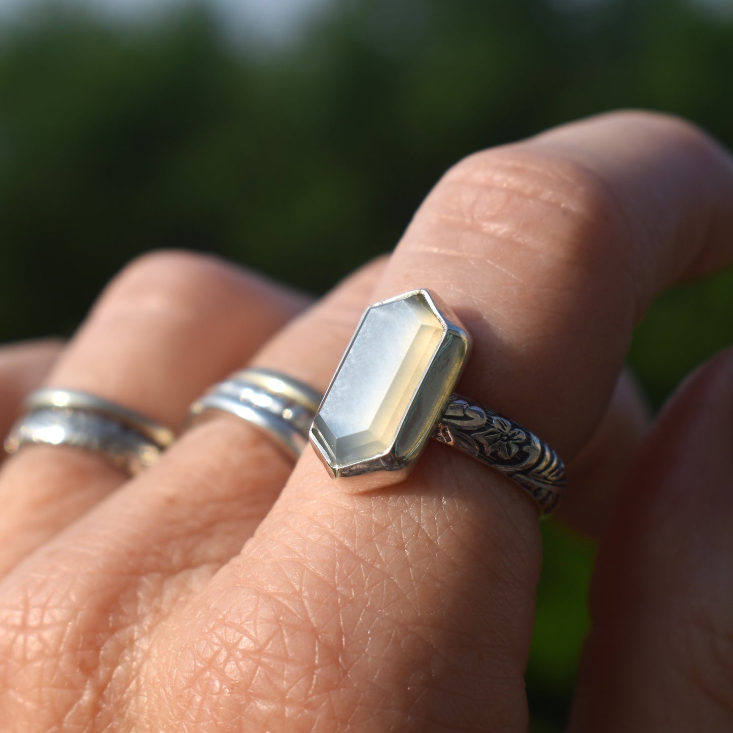 Hexagon Rings *Moonstone/Moss Agate* - Sizes 6, 8 & 7.5