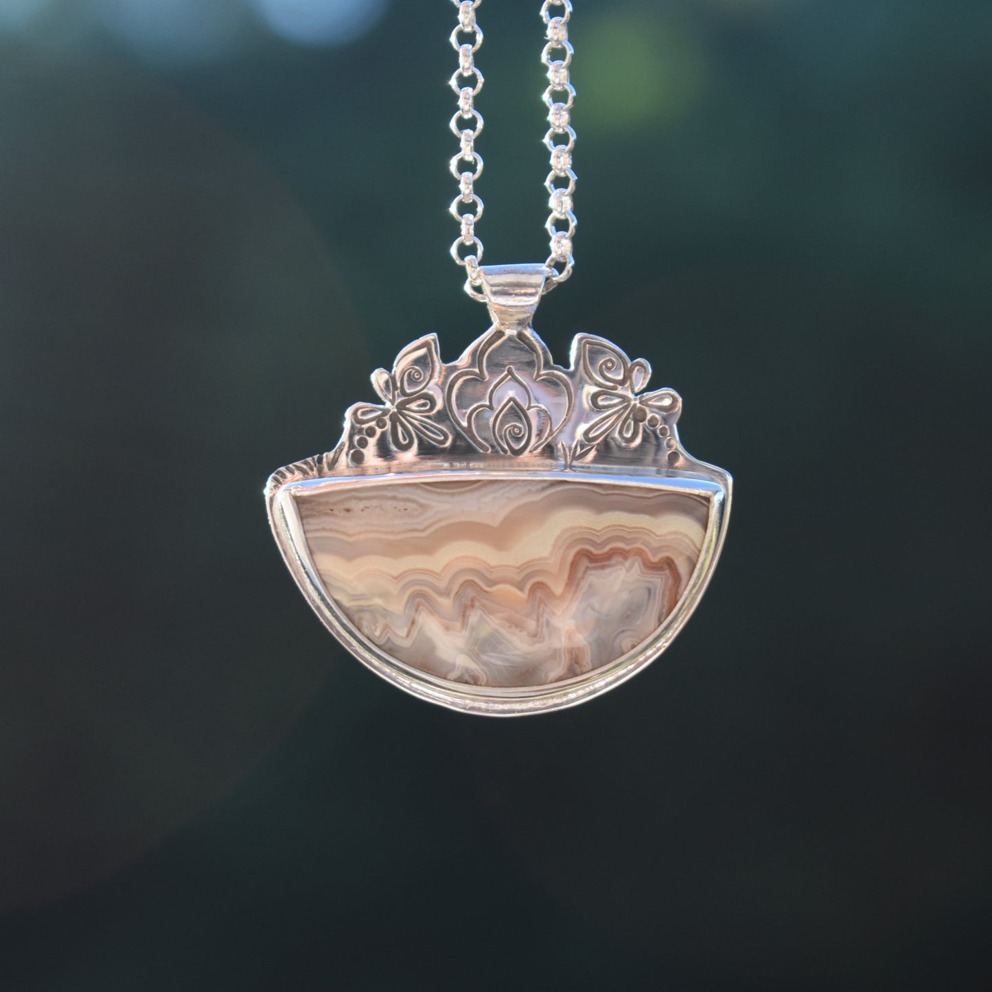 Laguna Lace Agate Necklace with stamped detail