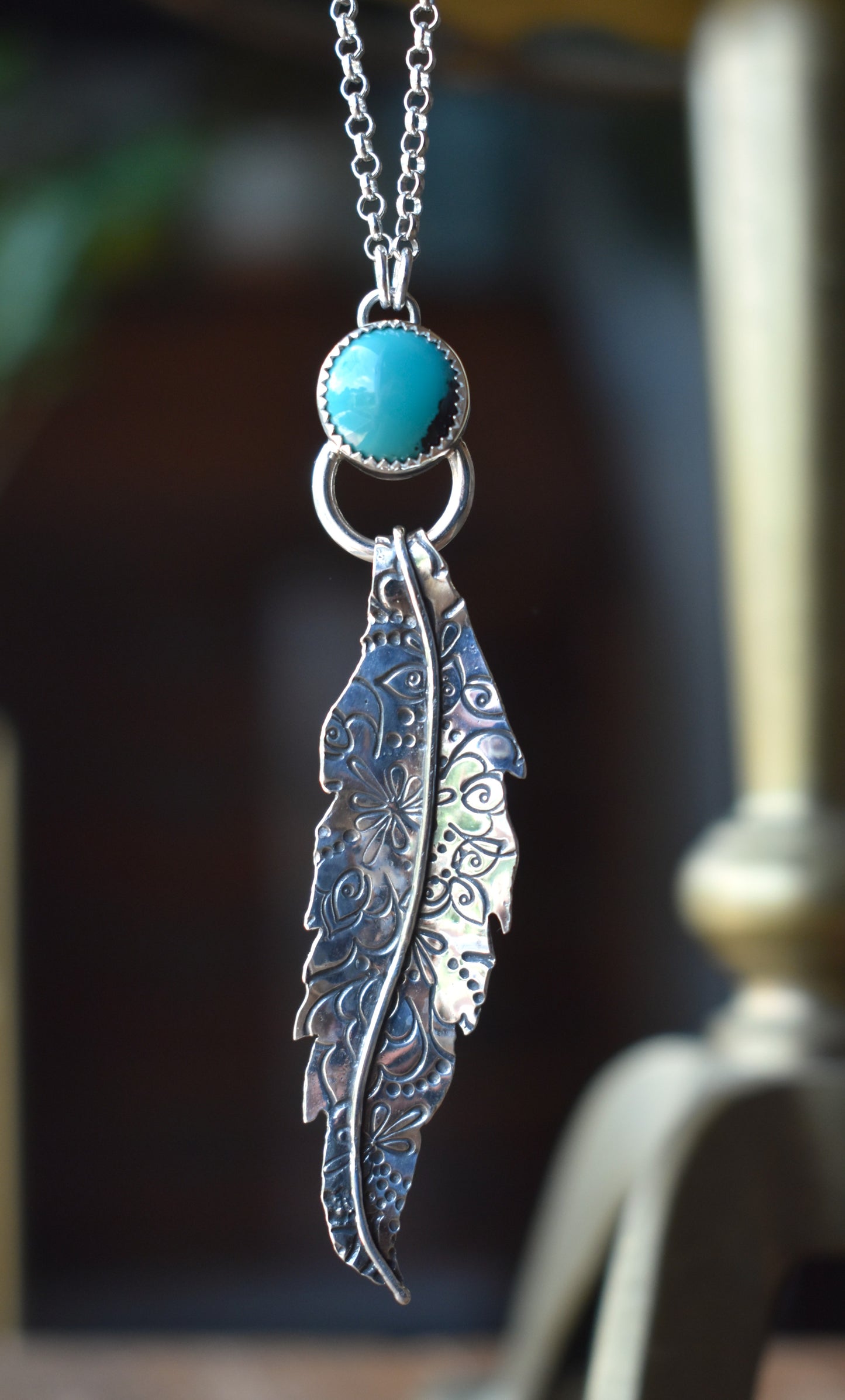 Stamped Feather and Turquoise Necklace