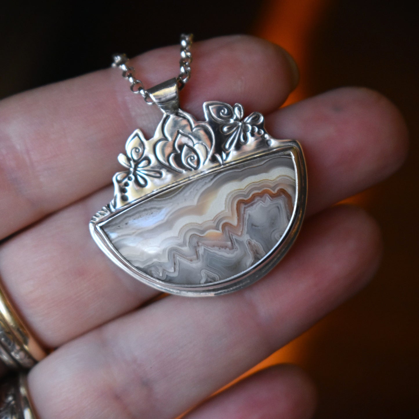 Laguna Lace Agate Necklace with stamped detail