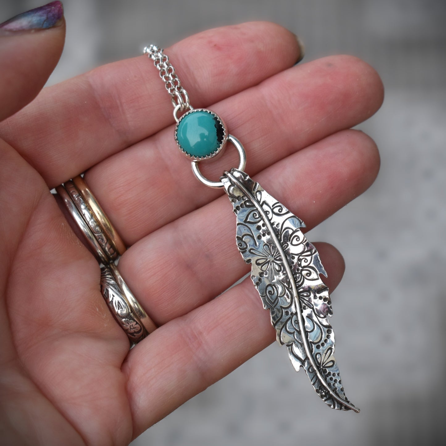Stamped Feather and Turquoise Necklace
