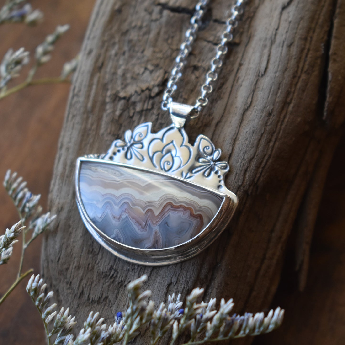 Laguna Lace Agate Necklace with stamped detail