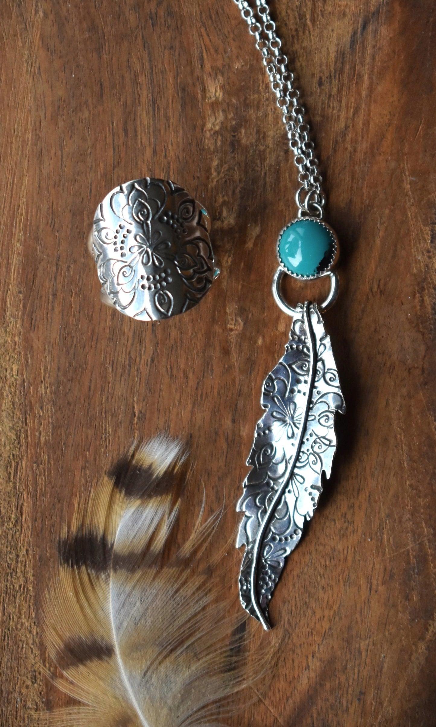 Stamped Feather and Turquoise Necklace