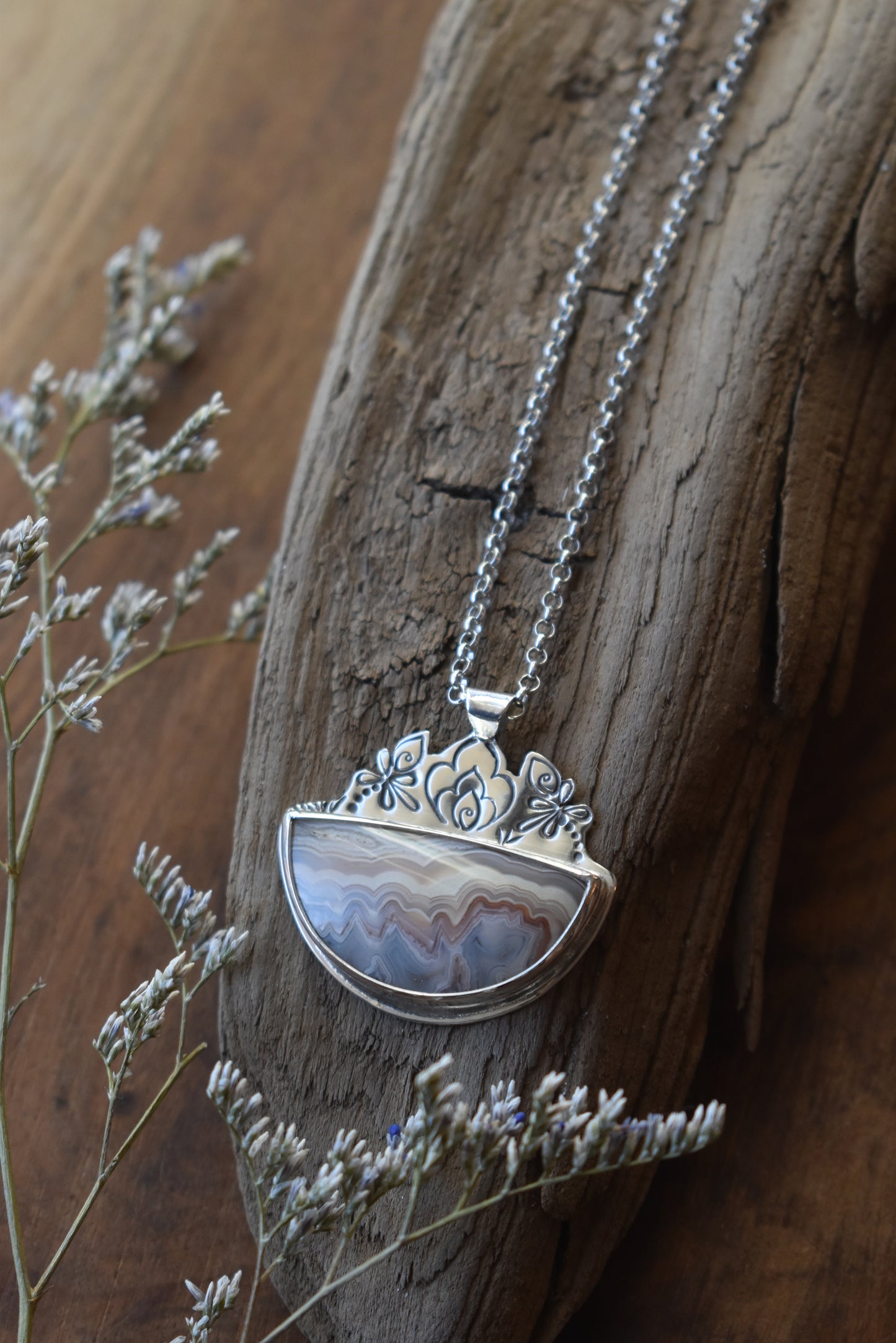 Laguna Lace Agate Necklace with stamped detail
