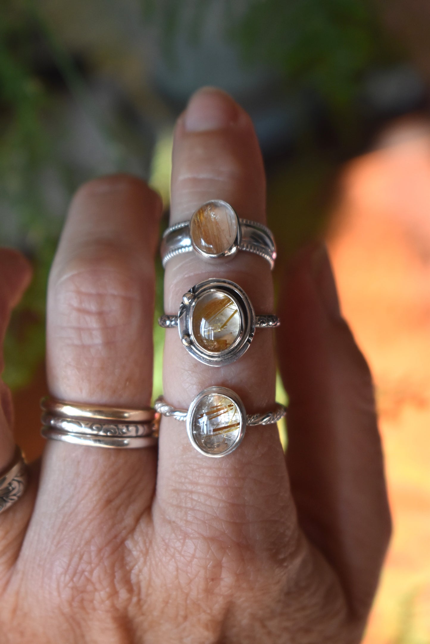 Golden Copper Rutile Quartz Wide Band Ring - size 6.5