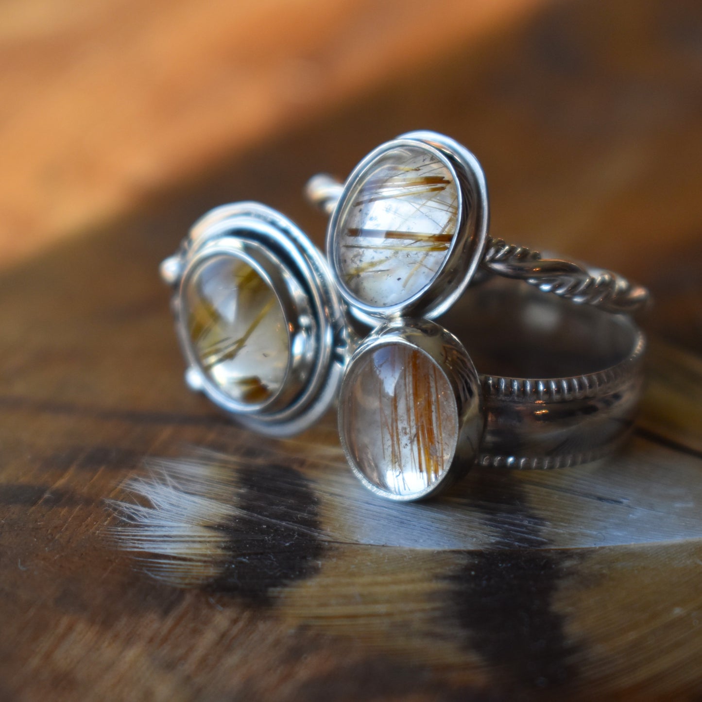 Golden Copper Rutile Quartz Wide Band Ring - size 6.5
