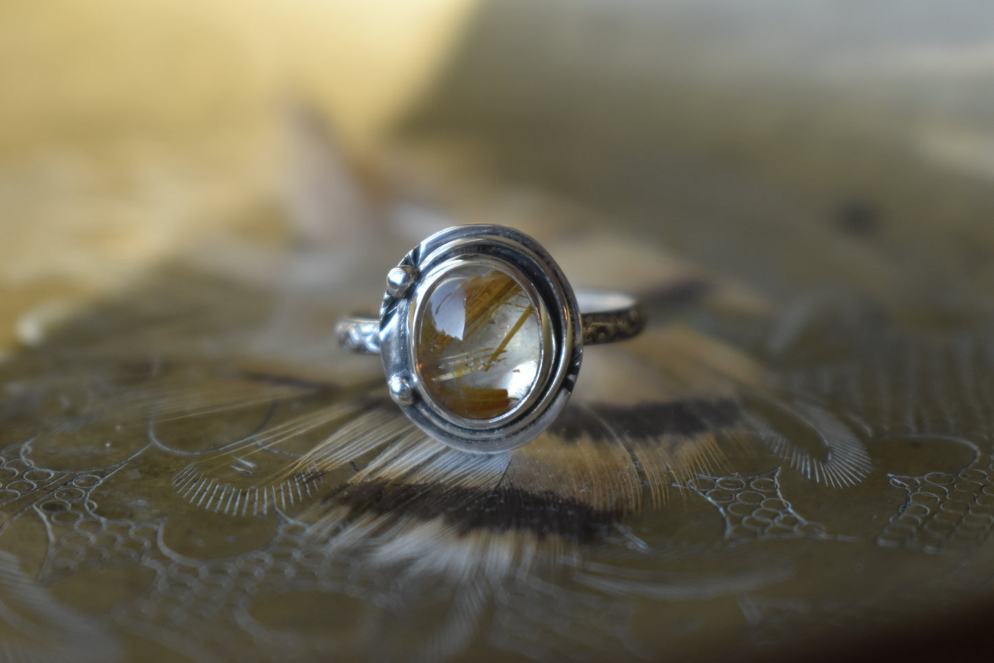 Golden Copper Rutile Quartz Floral Ring - size 7.5