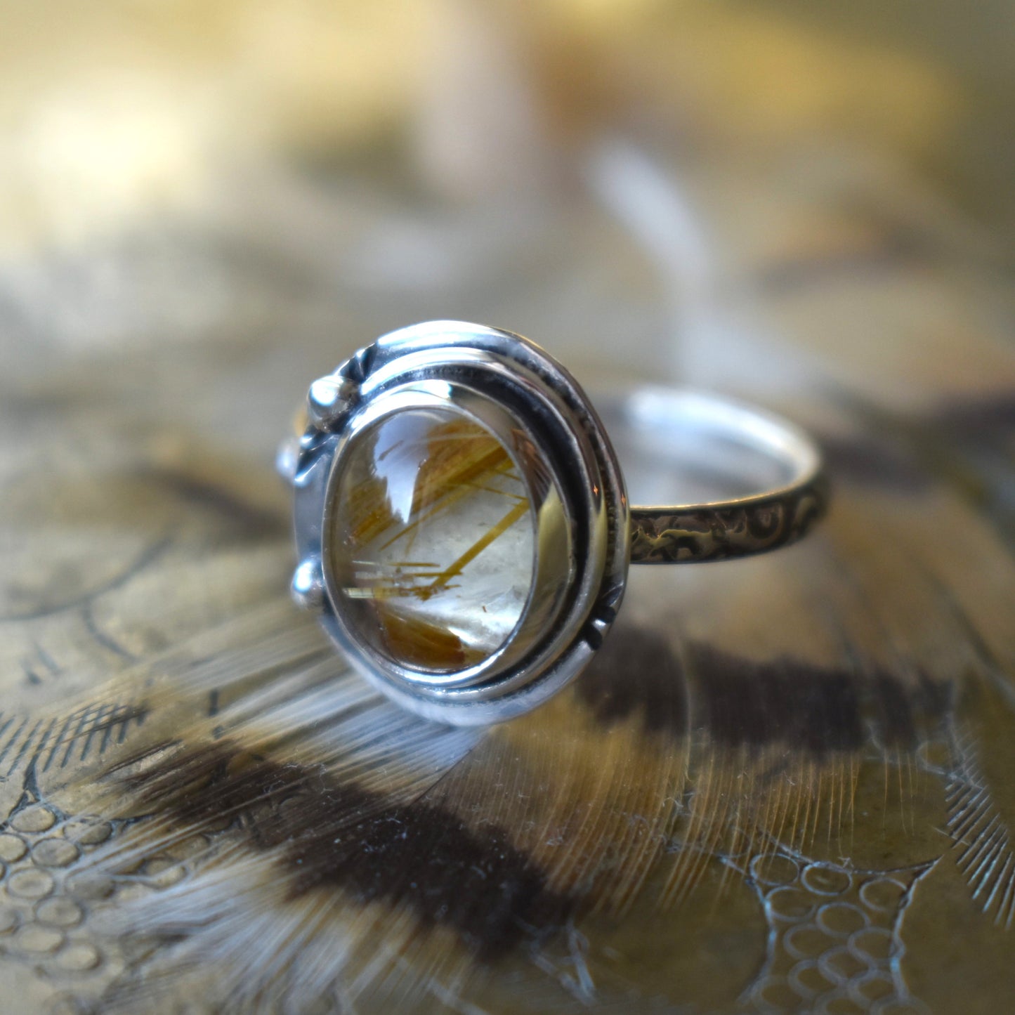 Golden Copper Rutile Quartz Floral Ring - size 7.5