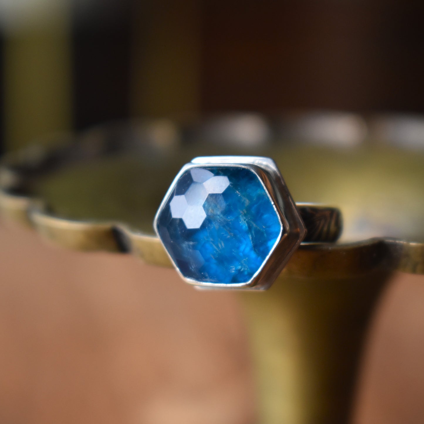 Honeycomb Cut Blue Apatite Ring - size 7.5