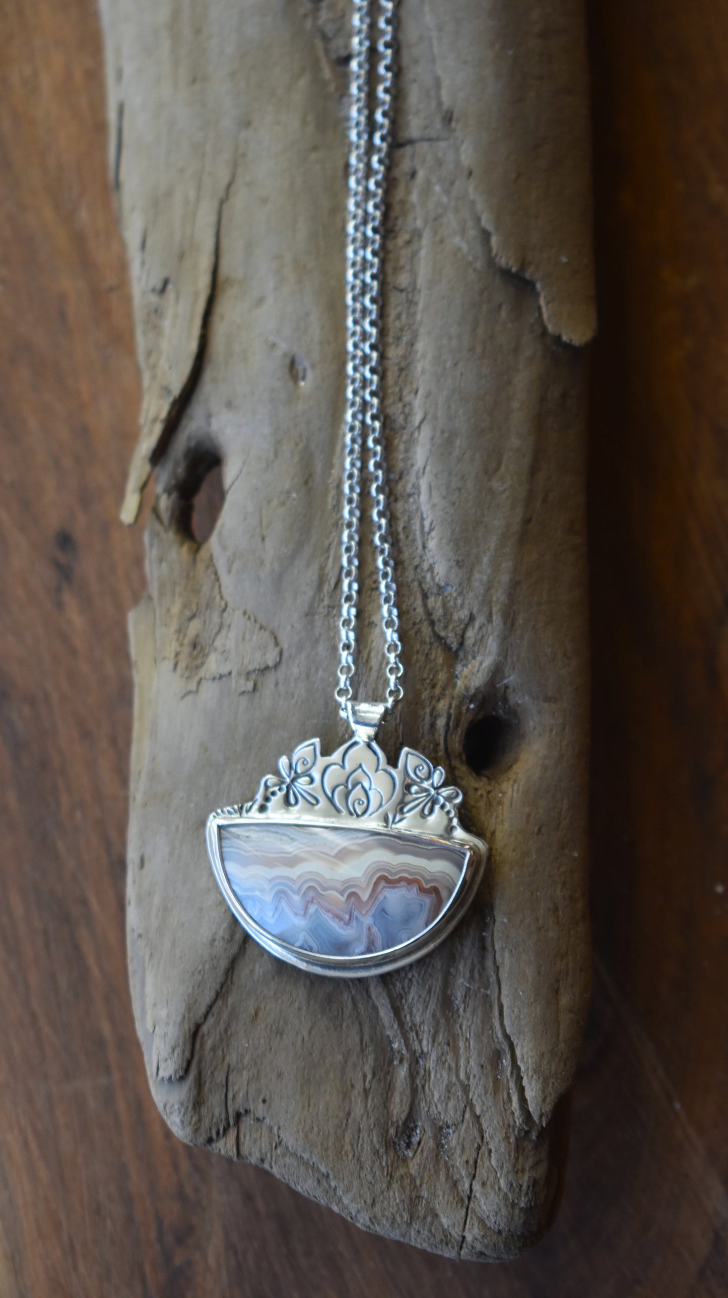 Laguna Lace Agate Necklace with stamped detail