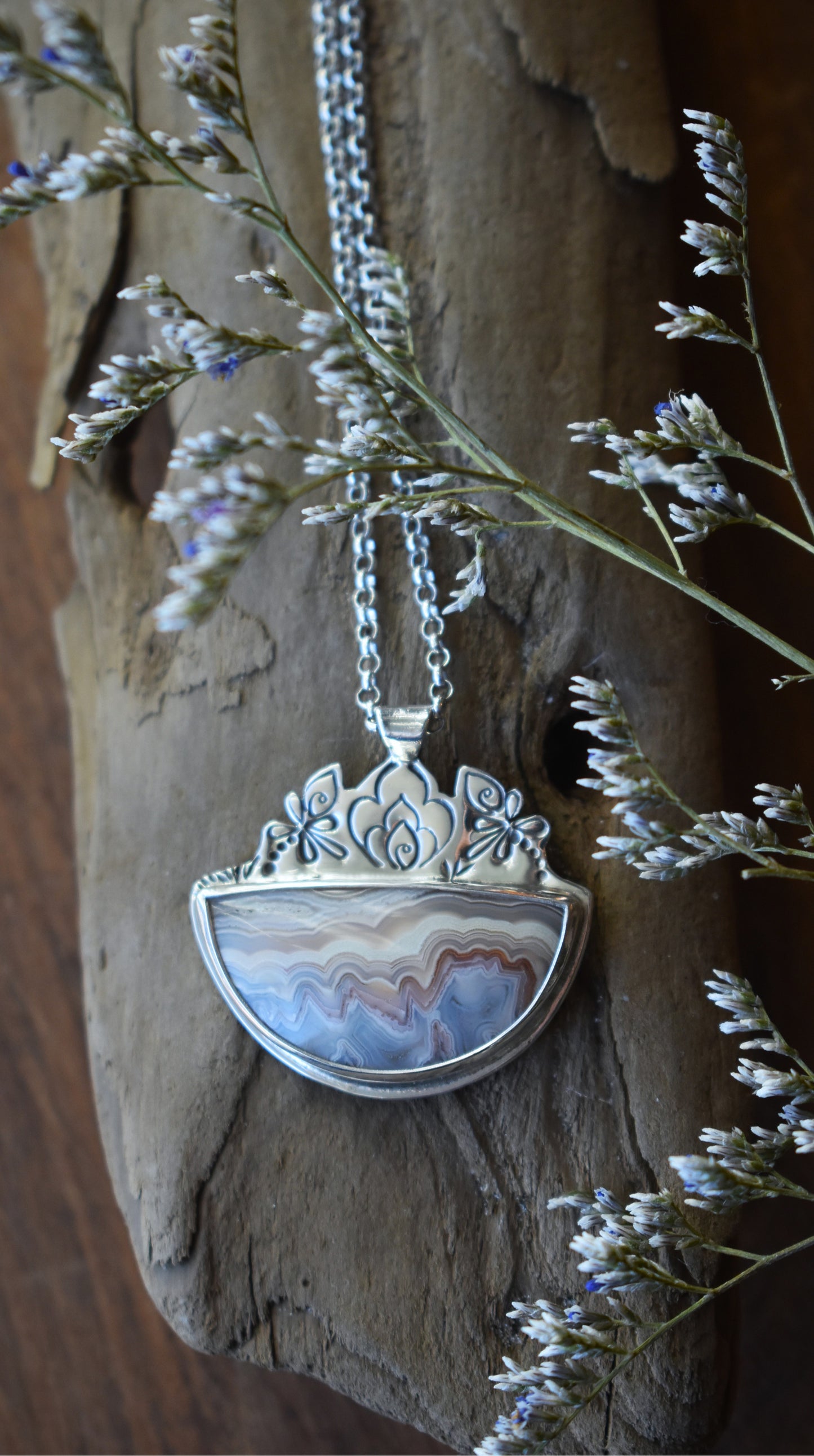 Laguna Lace Agate Necklace with stamped detail