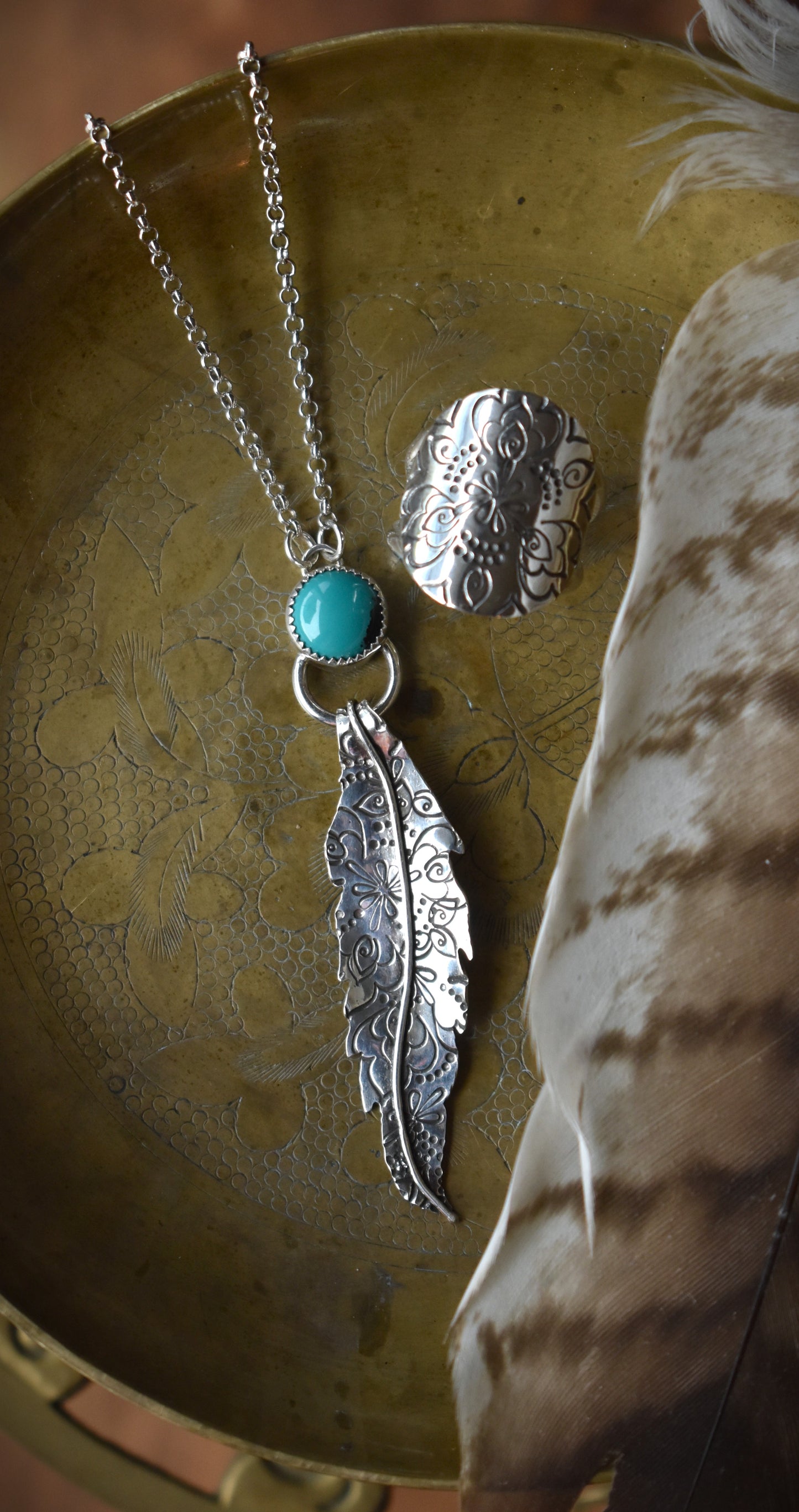 Stamped Feather and Turquoise Necklace