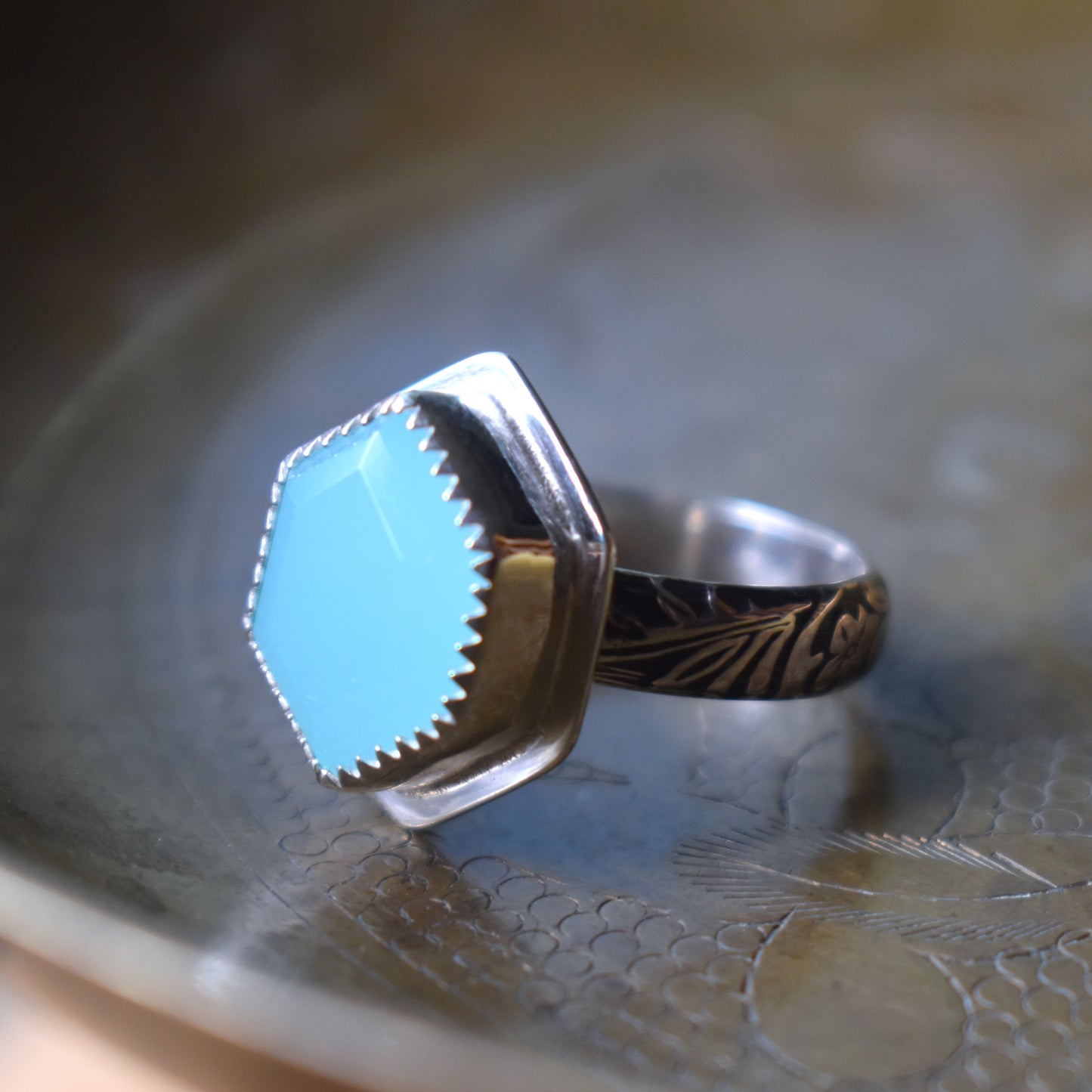 Aqua Chalcedony Stepped Hexagon Ring - size 6.5