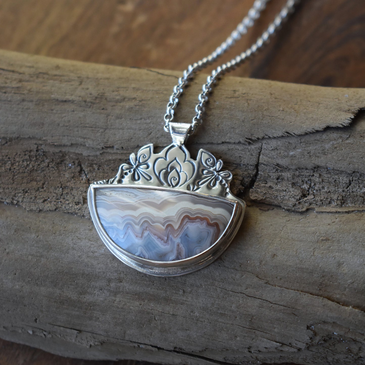 Laguna Lace Agate Necklace with stamped detail