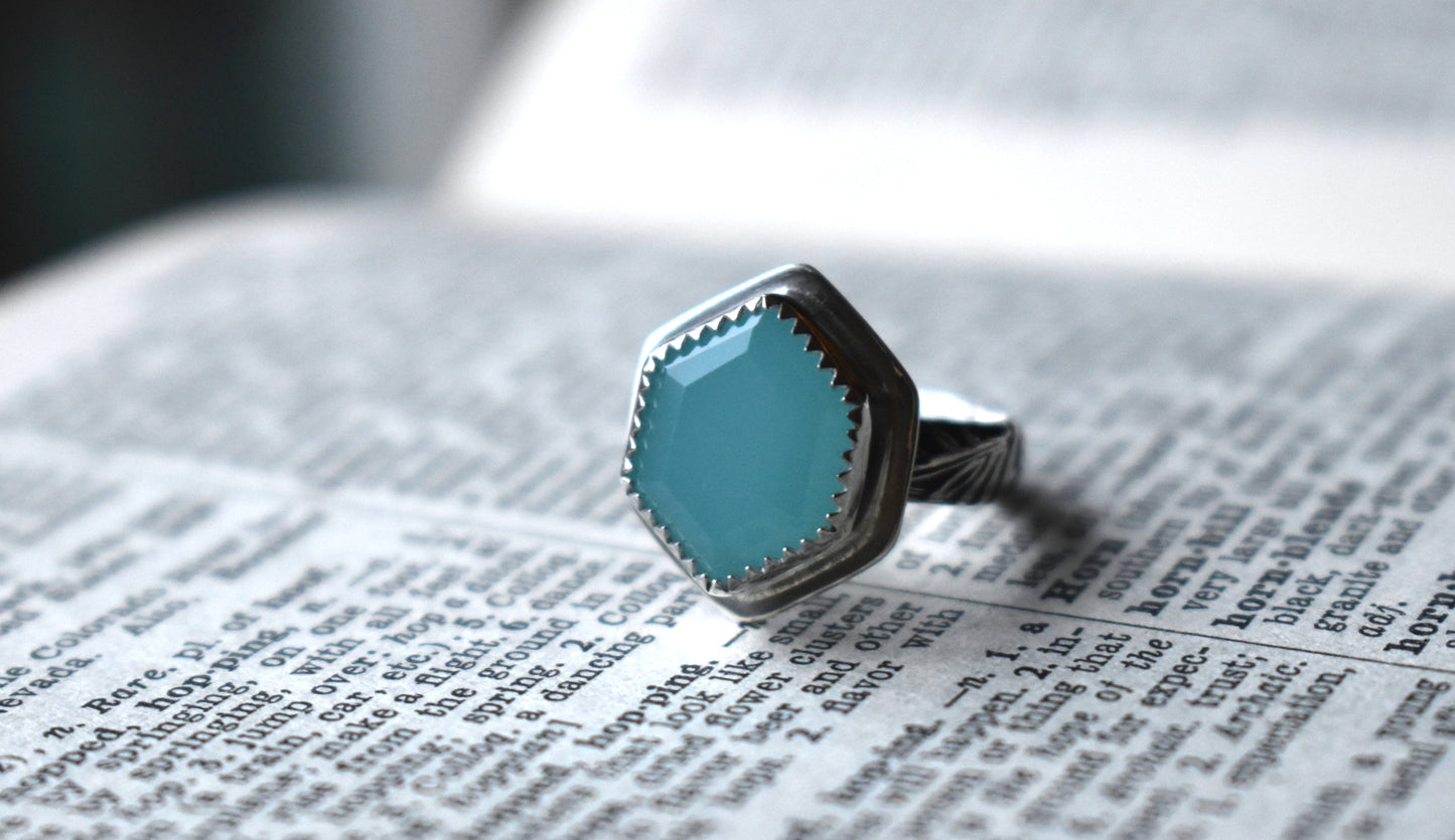 Aqua Chalcedony Stepped Hexagon Ring - size 6.5