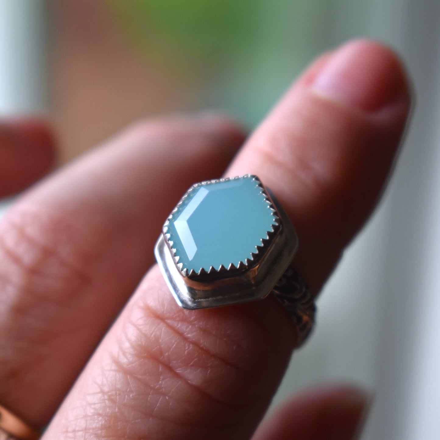 Aqua Chalcedony Stepped Hexagon Ring - size 6.5