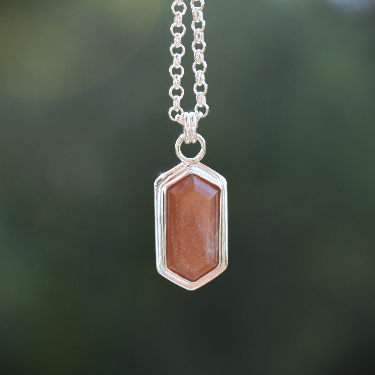 Stepped Hexagon Elongated Peach Moonstone Necklace