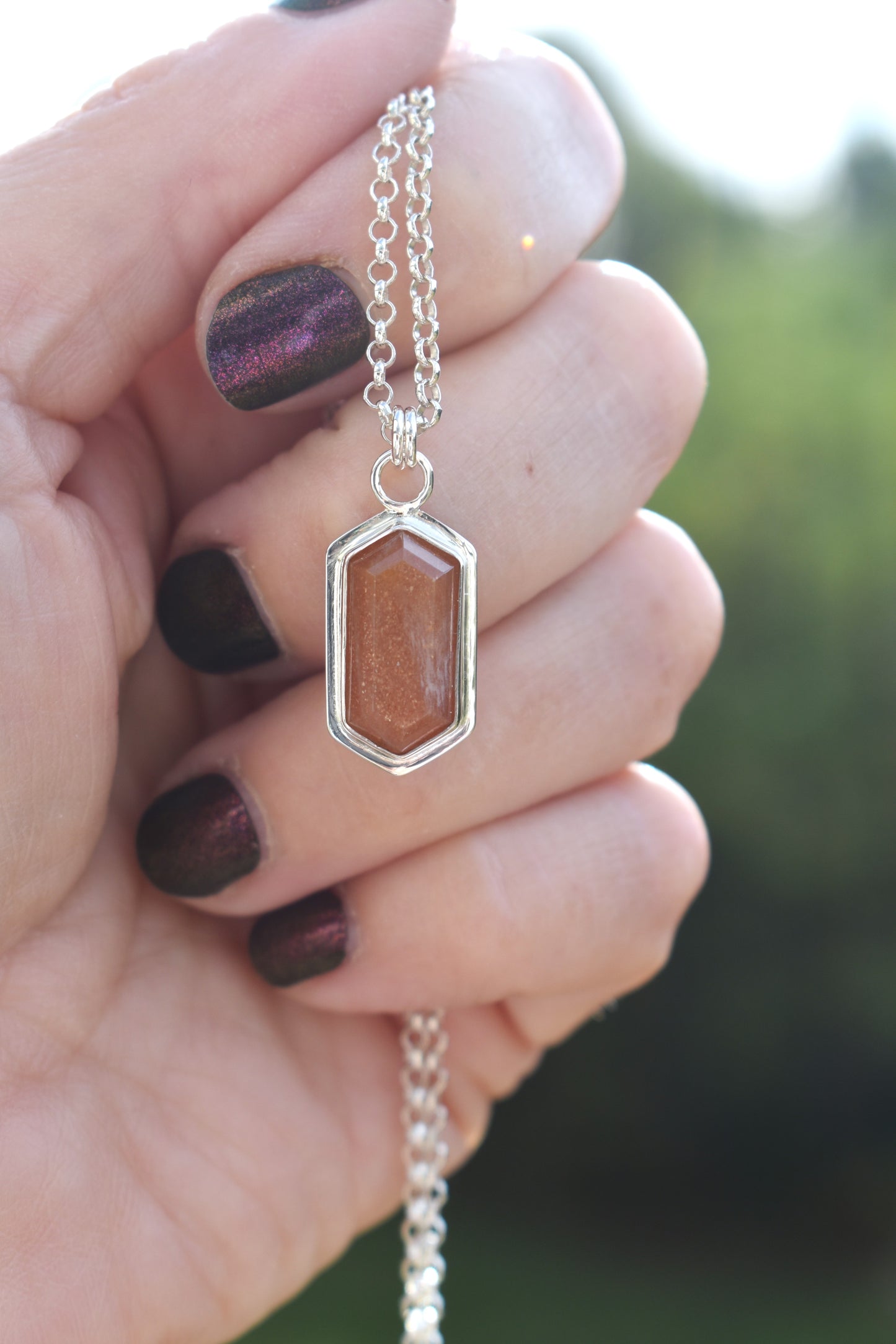 Stepped Hexagon Elongated Peach Moonstone Necklace